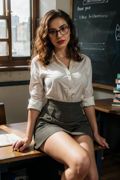 (best quality,highres,photorealistic:1.37),sexy provocative teacher,ultra-detailed,beautiful detailed eyes,beautiful detailed lips,long eyelashes,professional, traditional classroom, chalk and blackboard, book stack, sitting at the teacher's desk, confident and alluring gaze, open book, wearing a fitted pencil skirt outfit, pantyhose, high heels, red lipstick, light makeup, curly hair, glasses, sunlight streaming through the window, vintage aesthetic, vibrant colors, warm and cozy atmosphere, professional lighting, dramatic shadows, pencil sketches, realistic details, open legs can see vagina through pantyhose