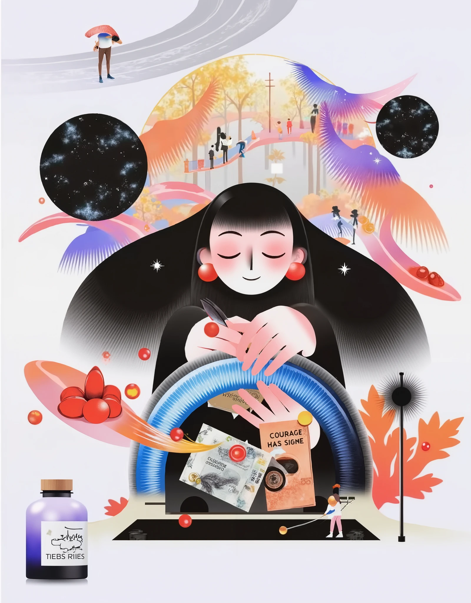 scene design,” the magic in the ordinary”, scene design,” the magic in the ordinary”,The secret drawer under the cashier in a super magical space has strong blue light leading directly to the Earth's core,The rotating light staircase, opens the wooden drawer with a “spare straw” printed on it,the drawer automatically pops up,without a plastic tube、but a faded quill,and even a wax seal with a griffin pattern in his bag。middle school student Min Chul stuffed the banknote he found into the secret drawer under the,and automatically pops up,and spits out a note:“Courage has signed。"That night,glass bottle full of galactic ink《Magical World History》Note: Scene bar restaurant, dark, low-key, romantic lighting, beautiful blond, short-haired, brunette woman leaning against a wall in a dress, a crowd dancing in the background, a woman staring at the beer bottle inside the bottle with spiraling lights inside the bottle, and a tornado that rotates only inside the bottle