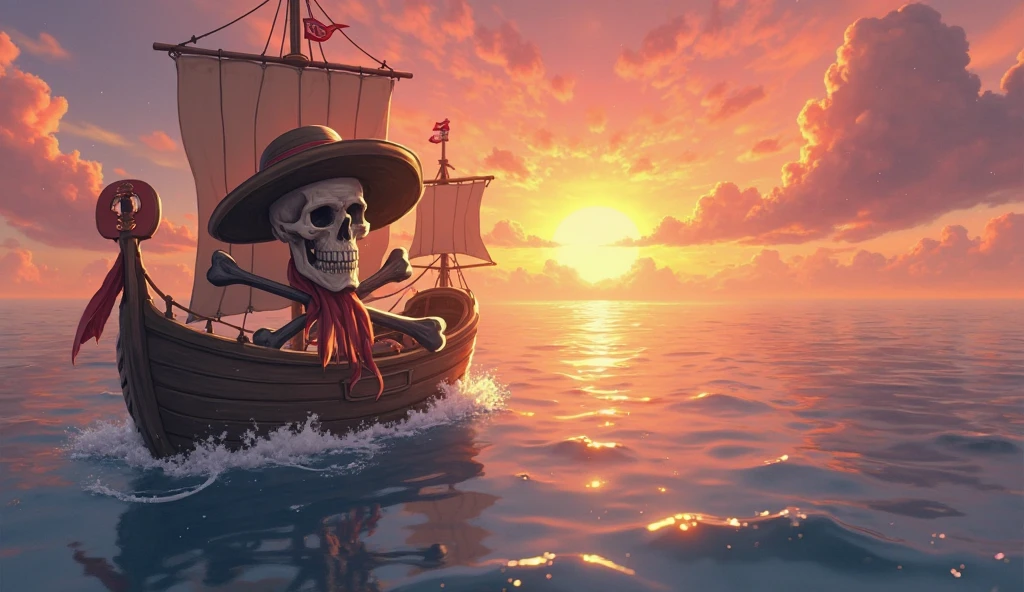 landscape images, beautiful and spectacular art, a skull with pirate hat on the sandy beach, a large flag with Pirate logo is Fluttering, background is blue ocean and blue sky, Hermit crab, perspective, wallpaper, super detail, realistic, 8K, [After Pirate War]