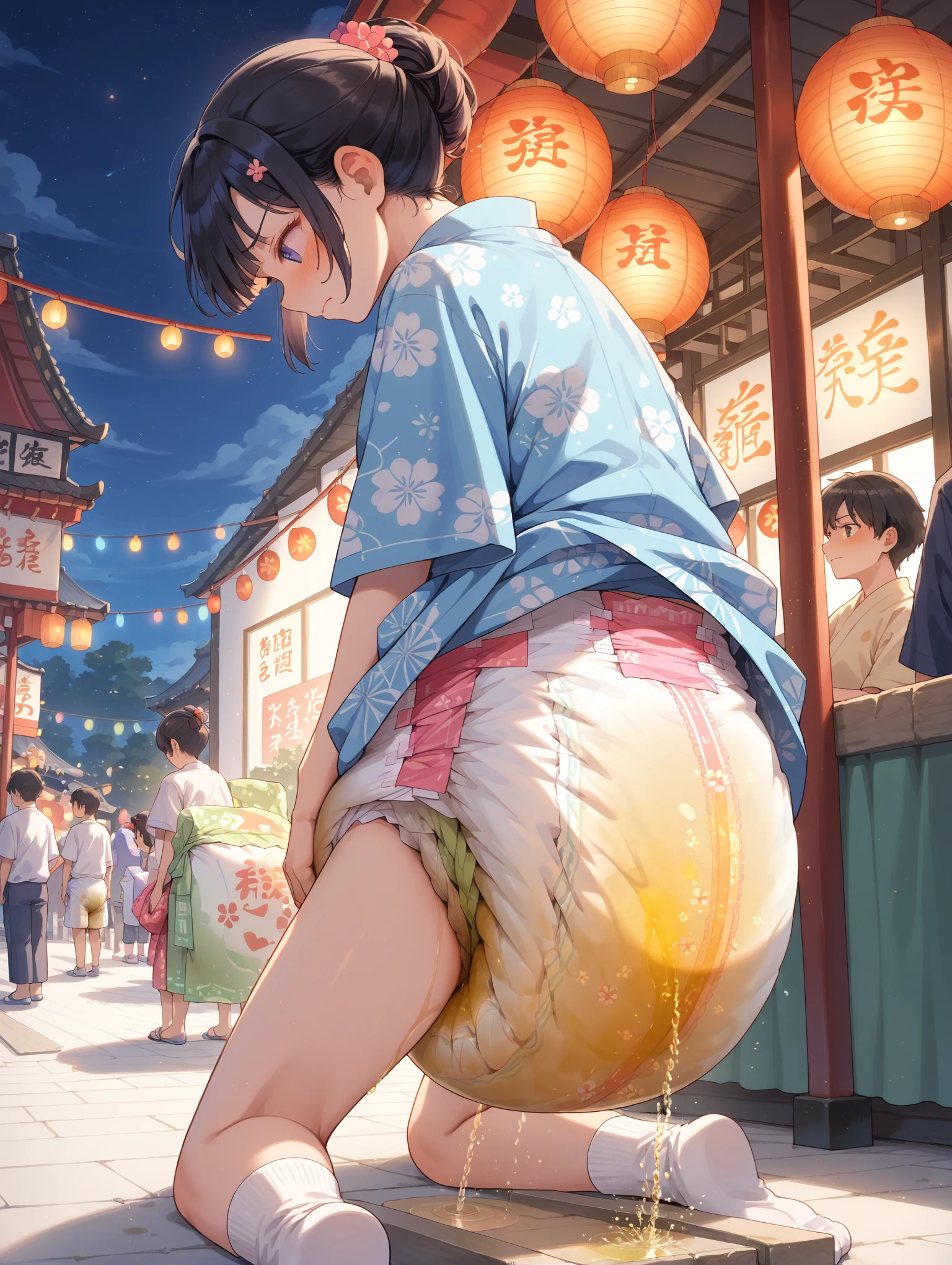 1boy, feminine and girly, trap, twink, leaning forward, outdoors, background, blush, black hair, fundoshi, big butt, ninja, slutty and lewd boy, the boy is about 11 years old, butt, small bulge, nighttime, (night), shinobi outfit, multiple people, large crowd, (festival), ass shake, seductive, sweaty butt, anal juice,