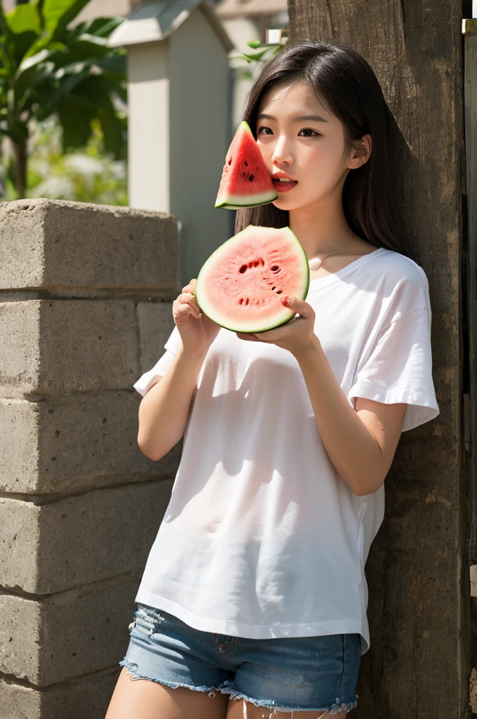 (masterpiece, best quality, ultra-detailed, 8k wallpaper, photorealistic), 1 girl, curvaceous but slender body, red hair, green eyes, wearing a white shirt and shorts, ((shy expression)), strawberry field with elaborate details and lush vegetations, bright sky