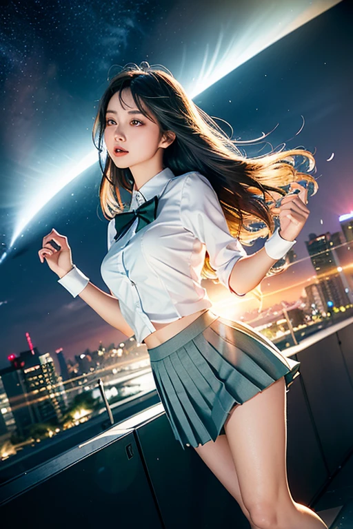 TopQuality 8K UltraDetailed Masterpiece(ProfessionalPHOTO:1.37), ExtremelyDetailed(Office Ladies), Gigantic Cleavage, Undressing, ((pull panties))((panty pull))(wearing a skirt:1.2),Dusk {Rooftop | bent over | White Shirt | Blood Stained panties | Red Shoes}, (Acutance:0.8)(Luminism:1.28), Specular reflection, Starry Colorful Particles 