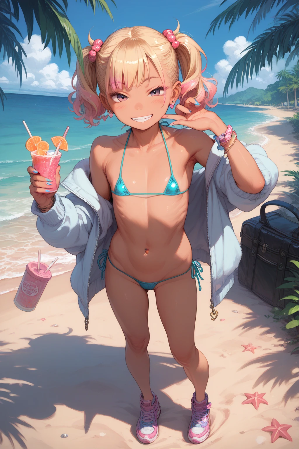 ocean beach, summer clouds, palm tree, some shops, blue sky, masterpiece