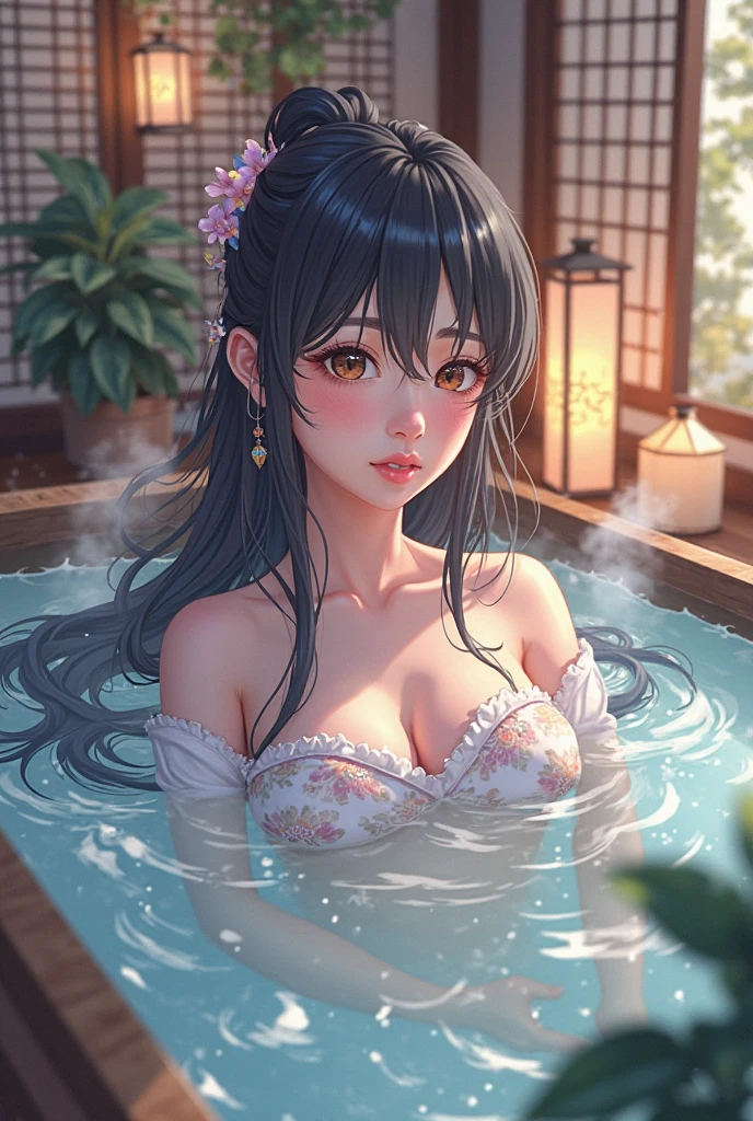 (perfect anatomy:1.2)(absurdres, highres, ultra detailed),masterpiece,best quality,high resolution,8k,Realistic face,Realistic skin texture,magnified textures, stunning clarity,detailed anime girl,(ultra detailed eyes and face),15 years old,black hair,(single bun),pale skin,Japanese shrine maiden, mysterious eyes,thin body type,big breasts,small ass,(expressionless:1.2).(onsen:1.5) in Steampunk in the Edo Period、(Vivid hieroglyph signs and street advertisements:1.2)hieroglyph,Delicate atmosphere、sitting,midnight,