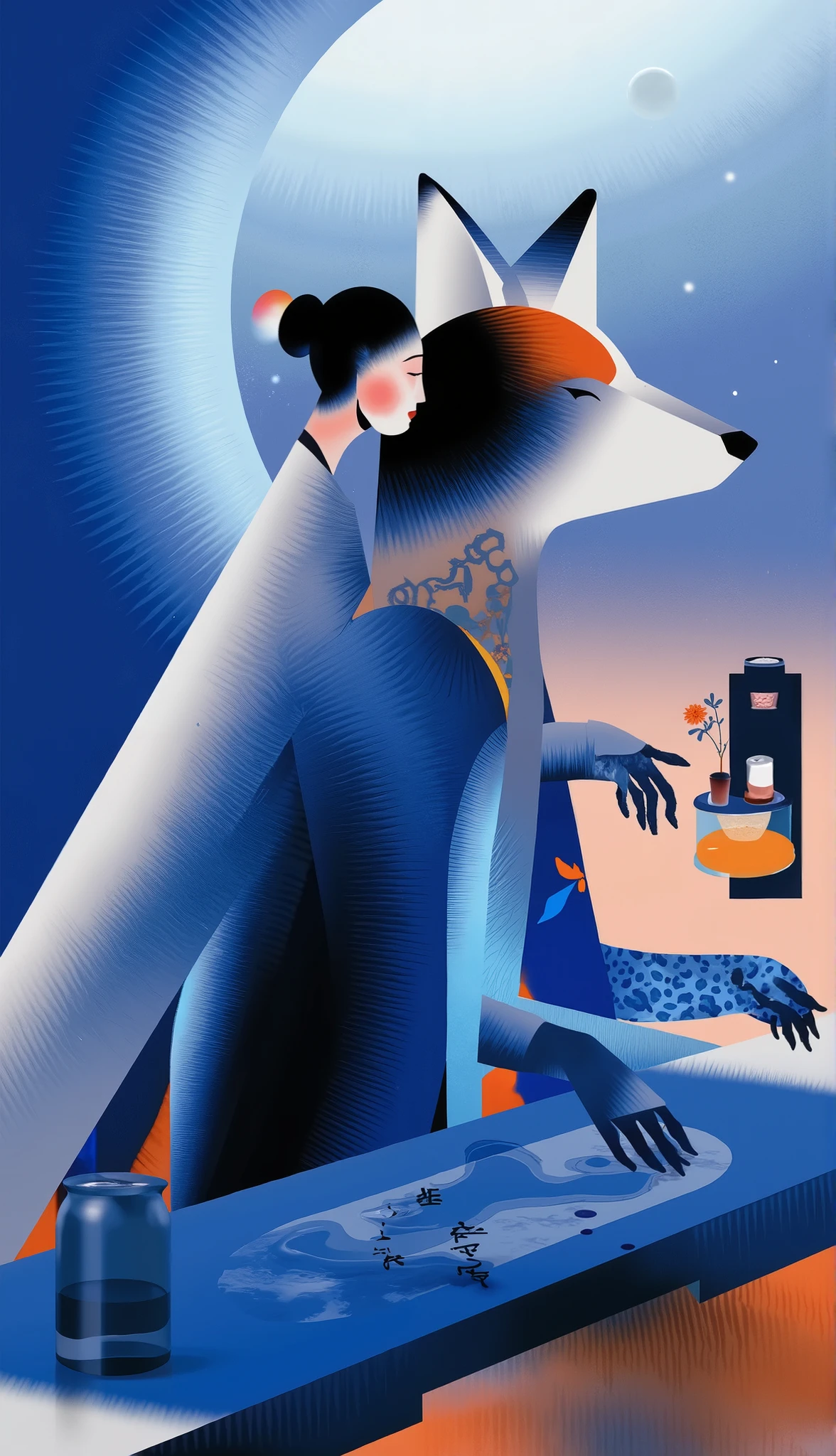  scene design，” the magic in the ordinary”，A secret drawer under the cash register in a super magical space，A strong blue light leads directly to the core of the earth，The rotating light staircase，
，A faded feather pen with magical light and a glass bottle filled with mysterious galaxy-colored ink，穿着白色连衣裙的阿拉法德女人站Sturdy furry wolf at the convenience store 收银台后, Japanese robot geisha, Inspired by Herbert Bayer,  pop japonisme 3D super detailed , Surreal avant-garde style , Japanese pop surrealism, Ghost in the Shell Geisha Robot, Cinema 4D Art, Japanese pop surrealism,  Art Deco Shaman 。Background：The late-night convenience store's door axle gently opens，A gentle heat wave envelops the aroma of Kanto cooking，against my cheek，and hugs the cool night breeze outside。The fluorescent tube buzzes，The halo is smudging，The air smells mixed with food and electricity。Sturdy furry wolf at the convenience store 、deep in the classroom or alley，hidden undetected magical miracles in everyday life