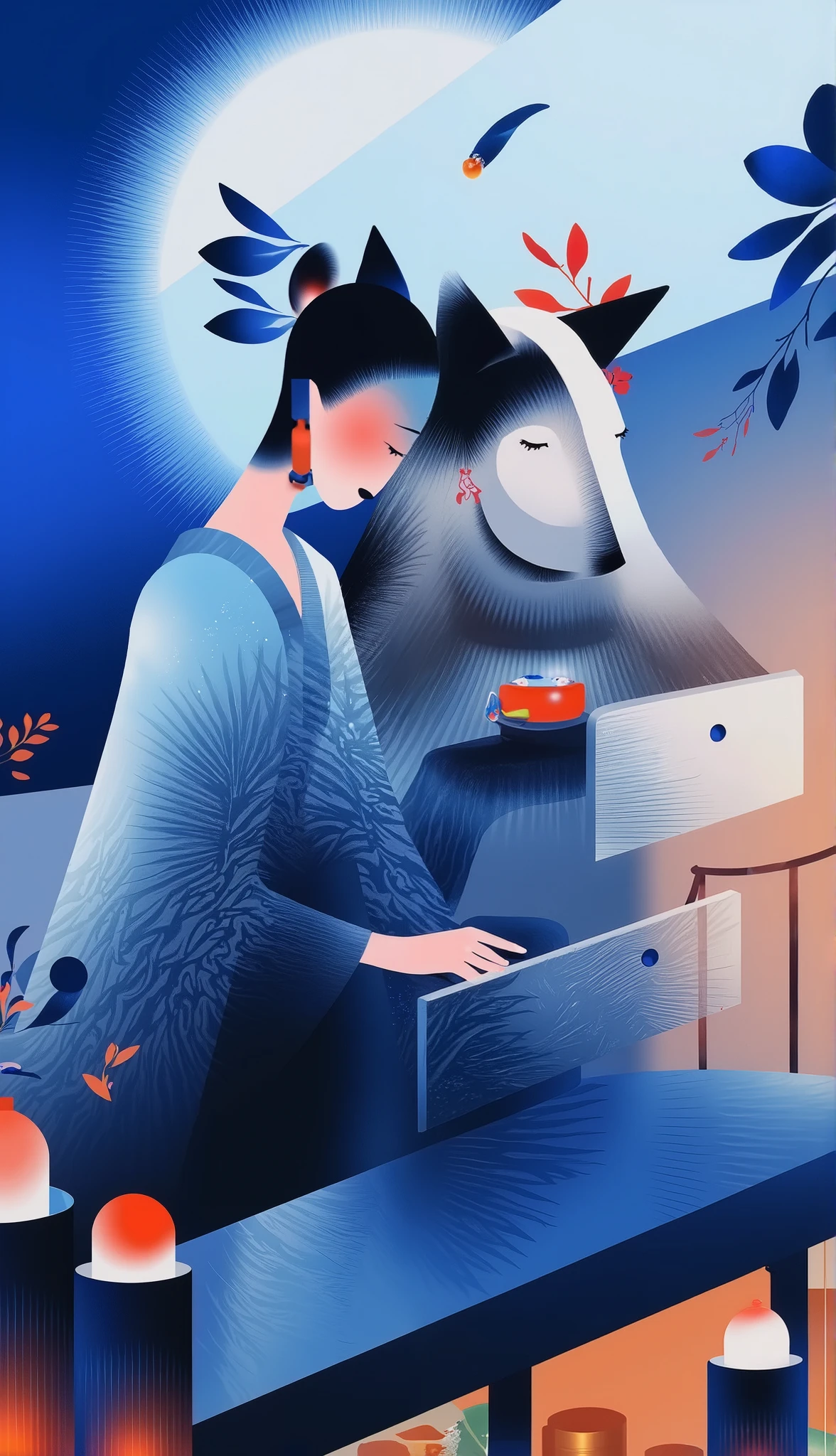  scene design，” the magic in the ordinary”，A secret drawer under the cash register in a super magical space，A strong blue light leads directly to the core of the earth，The rotating light staircase，
，with magically faded quill and a glass bottle filled with mysterious galactic ink，穿着白色连衣裙的阿拉法德女人站Sturdy furry wolf at the convenience store 收银台后, Japanese robot geisha, Inspired by Herbert Bayer,  pop japonisme 3D super detailed , Surreal avant-garde style , Japanese pop surrealism, Ghost in the Shell Geisha Robot, Cinema 4D Art, Japanese pop surrealism,  Art Deco Shaman 。Background：The late-night convenience store's door axle gently opens，A gentle heat wave envelops the aroma of Kanto cooking，against my cheek，and hugs the cool night breeze outside。The fluorescent tube buzzes，The halo is smudging，The air smells mixed with food and electricity。Sturdy furry wolf at the convenience store 、deep in the classroom or alley，hidden undetected magical miracles in everyday life