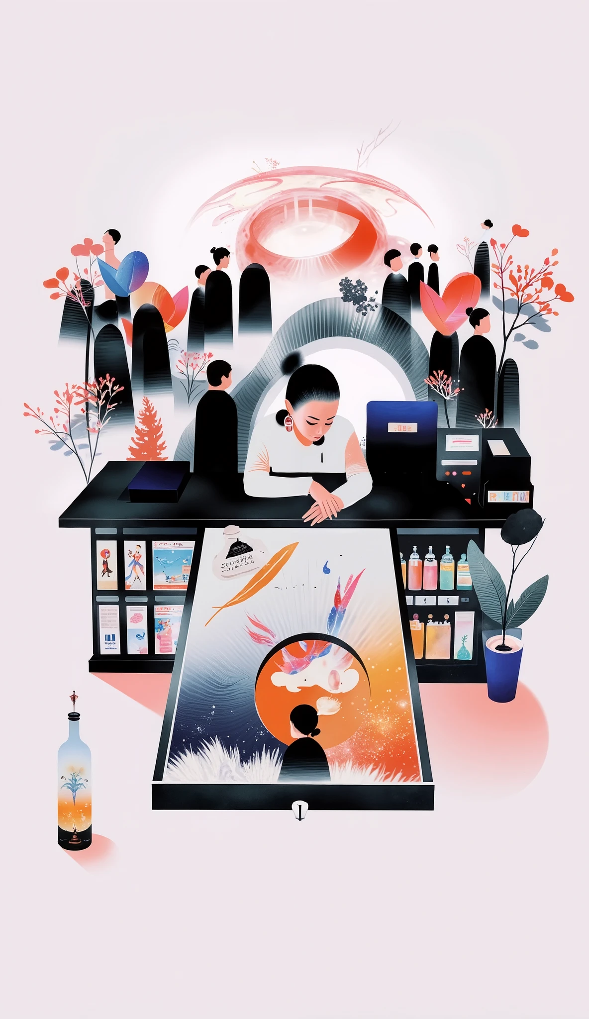 scene design,((Female Clerk at Magical Convenience Store)),The secret drawer under the cashier in a super magical space has strong blue light leading directly to the Earth's core,The rotating light staircase, opens the wooden drawer with a “spare straw” printed on it,the drawer automatically pops up,without a plastic tube、but a faded quill,and even a wax seal with a griffin pattern in his bag。middle school student Min Chul stuffed the banknote he found into the secret drawer under the,and automatically pops up,and spits out a note:“Courage has signed。"That night,glass bottle full of galactic ink《Magical World History》Note: Scene bar restaurant, dark, low-key, romantic lighting, beautiful blond, short-haired, brunette woman leaning against a wall in a dress, a crowd dancing in the background, a woman staring at the beer bottle inside the bottle with spiraling lights inside the bottle, and a tornado that rotates only inside the bottle