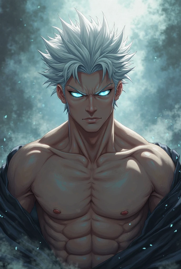 Demon Slayer Swordsman, (sanemi shinazugawa), un hombre musculoso de aspecto imponente, pale skin, albino, white hair spiky and wild and disheveled looking with one strand of hair in the center and another on one side of the face, cicatrices grandes horizontales en la frente y una cicatriz grande en la mitad de su cara, ojos grandes de color morado claro, manic expression, sonriendo con los ojos muy abiertos, lleva puesto el uniformenegro sin abotonar, showing his muscular torso and the numerous scars he has on his body, abdominales marcados, lleva puesta una chaqueta haori blanco, (demon slayer), (kimetsu no Yaiba), cicatrices grandes en la cara, mirada asesina aterradora, aspecto desafiante, actitud violenta