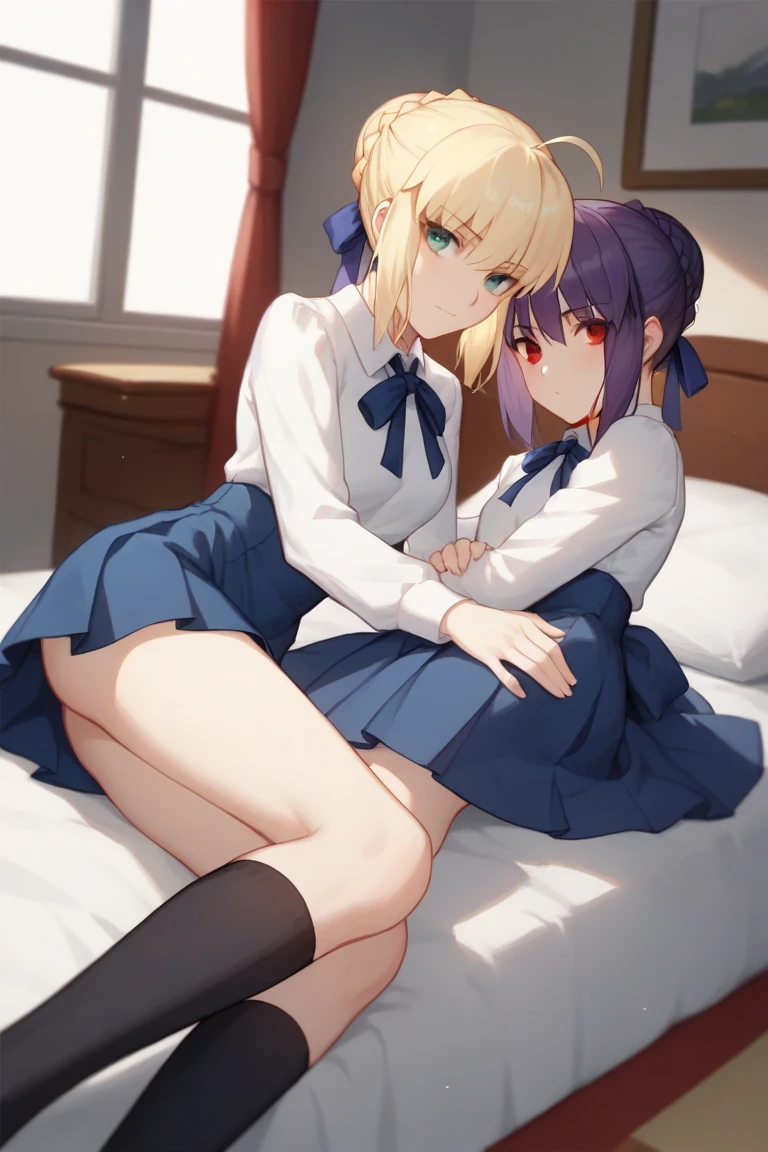 masterpiece, Highest quality, so beautiful, absurdes,High resolution,One girl, (((One littleboy))),Cuddling in bed, like,sexly,Look at each one, blush,Age difference,bow tie,bionde,chest,pleated skirt,Tucked in shirt,Tent shirt,just good,NSFW,((Boys smaller than girls,Boy is smaller than women)),sex,physique difference,Sex Education
