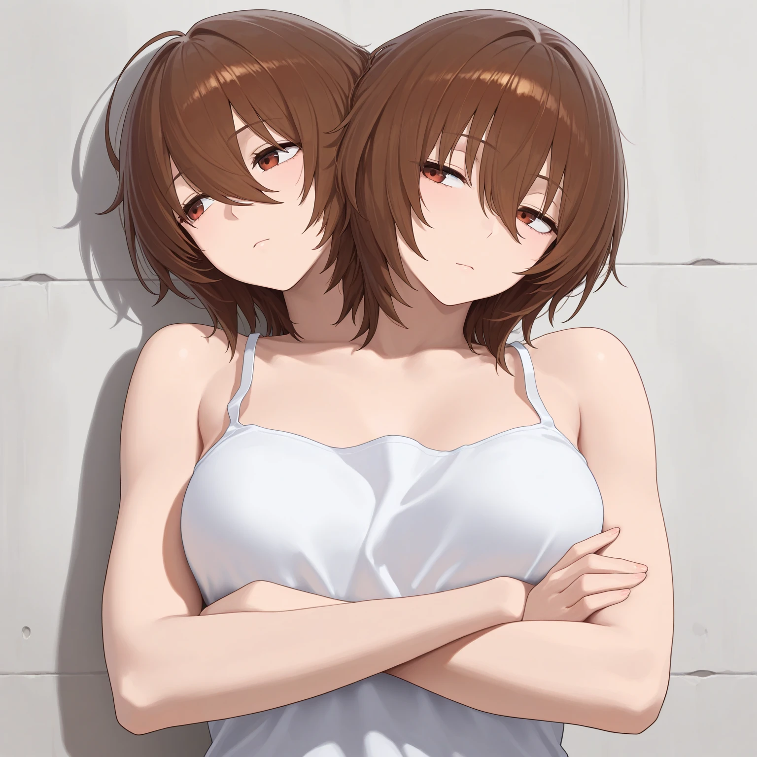 boku no hero academia art style, Horikoshi art style, 2 woman, short fluffy medium brown hair, bangs split in three sections, longer strands franing bangs, hazel eyes, slightly tired eyes, black sleeveless turtleneck