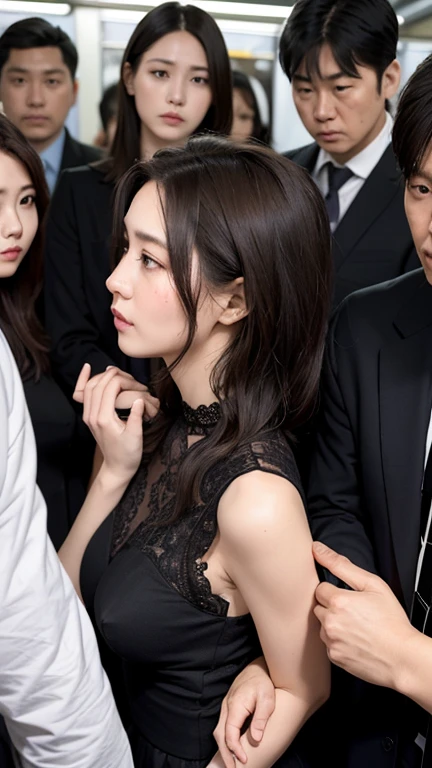 (Best Quality, 8k, 32k, Masterpiece, UHD: 1.2), Depth of Field: 1.2, Black Smoke: 1.1, Cute Japan Woman Pictures, Small Women, 20 Years Old, Beautiful and Perfect Face, Short Hair, Ponytail, Brown Short Hair, Beauty Face, Slender: 1.2, Small Breasts: 1.2, Complex Details, Cinematic Feeling,Shy, Panic face, mouth open and pleasant-looking face, cowboy shot, composition with no face visible except for women, looking at breasts, embarrassed: 1.2, crowded train: 1.37, crowded: 1.37, emphasis on the armpits, long dress, thin fabric, thong, mekosuji, crotch open, pubic hair is very much protruding, clothes with exposed breasts, exposed breasts from the side, exposed armpits, exposed navel, (molested, surrounded by tall men on a crowded train, body in close contact with men, hands put in the lower half of the body by men, undressed by men, covered lift, skirt lift: 1.1), (beautiful nipple slip: 0.9)