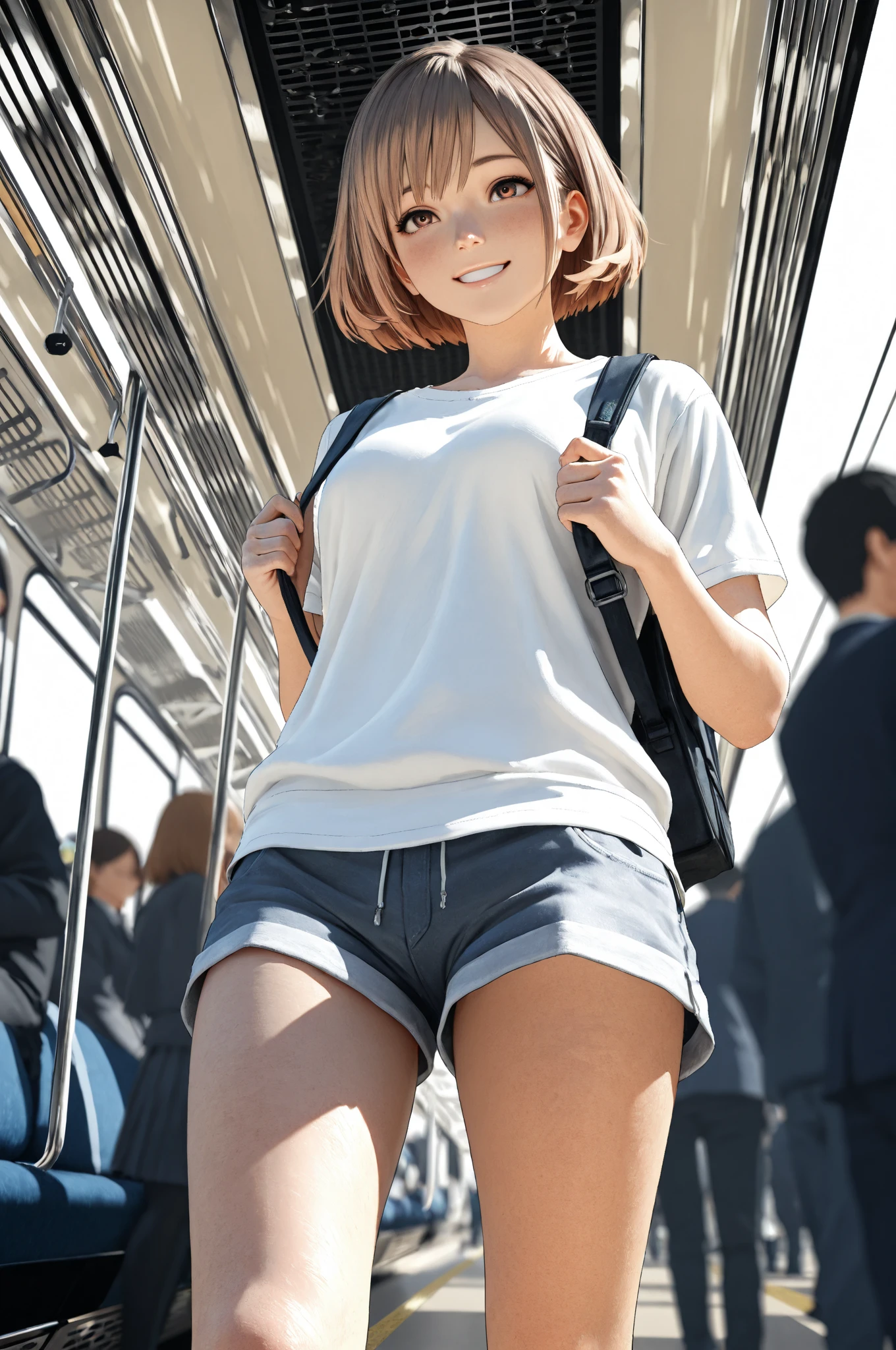 A young woman is walking at the bus stand. She is wearing sexy printed underwear. Her hips are big. It is evening and it is sunny.