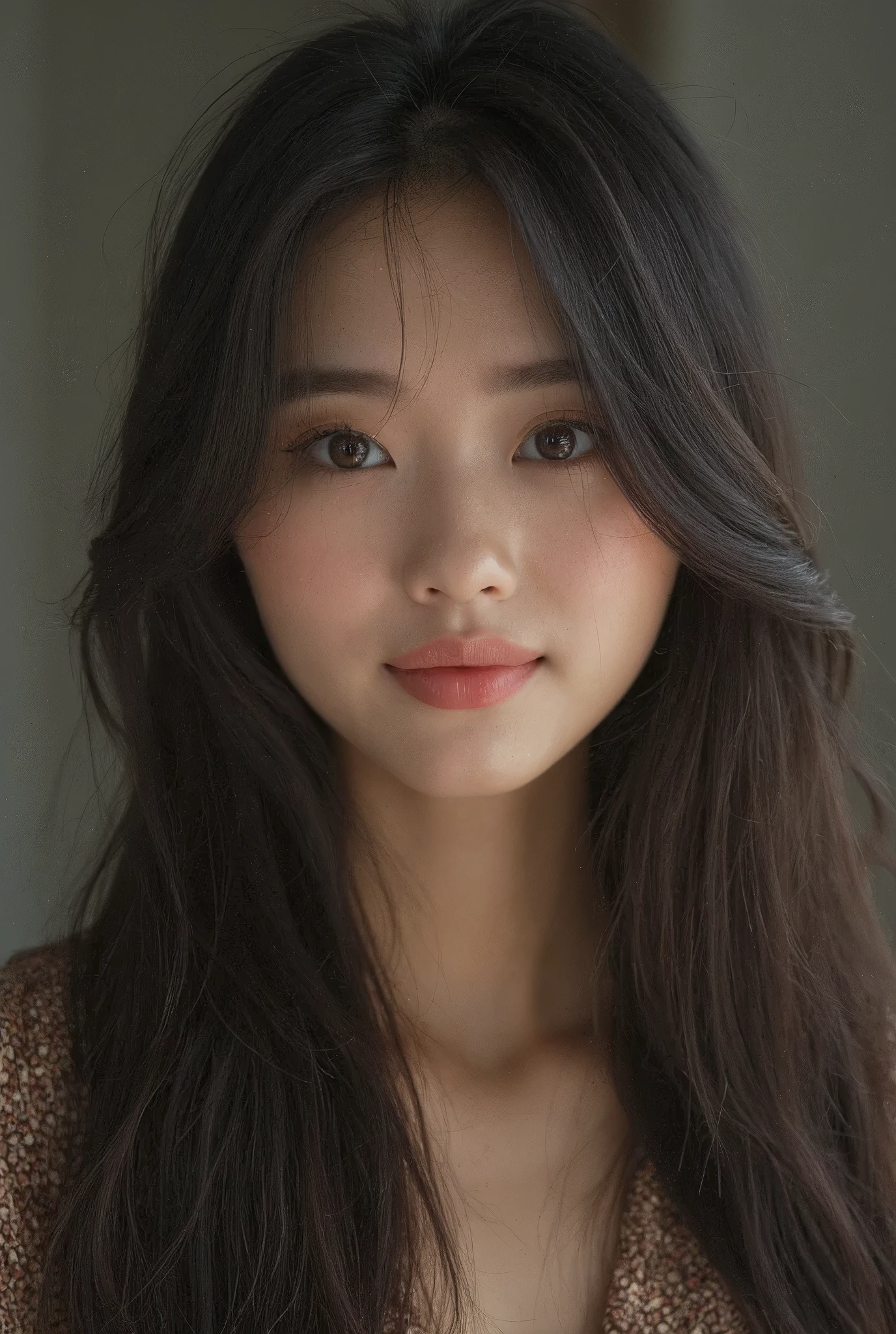 (masterpiece, ultra realistic, best quality, photorealistic, DSLR photo, 8k), beautiful 22-year-old Korean girl, long ultra straight dark brown hair, no waves, no curls, sleek hair, smooth texture, large expressive brown eyes, soft innocent expression, slight seductive smile, symmetrical face, natural smooth skin with visible pores, minimal K-beauty makeup, long eyelashes, clean face, no earrings, in a professional photography studio, soft cinematic lighting, subtle shadows, high detail, K-pop celebrity beauty