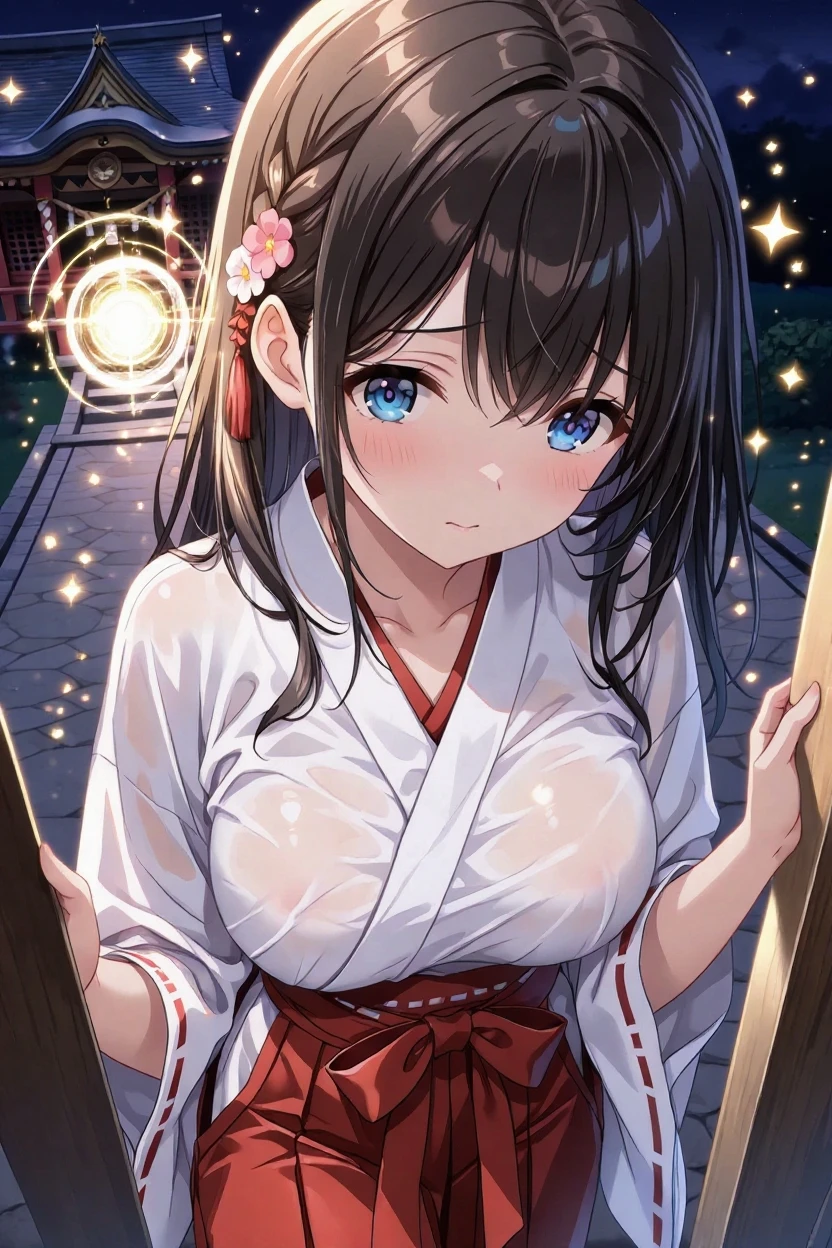 ((masterpiece,Highest quality)), High resolution, Highly detailed 8K wallpapers, depth_of_Field, Are standing, above knee view, alone, 1人of, Saeki Sayaka Yagatekimininaru, Long Hair, 薄茶色of髪, Braiding, 緑of目, bow, Big Breasts, , Completely naked、Nipples、Pool, night,