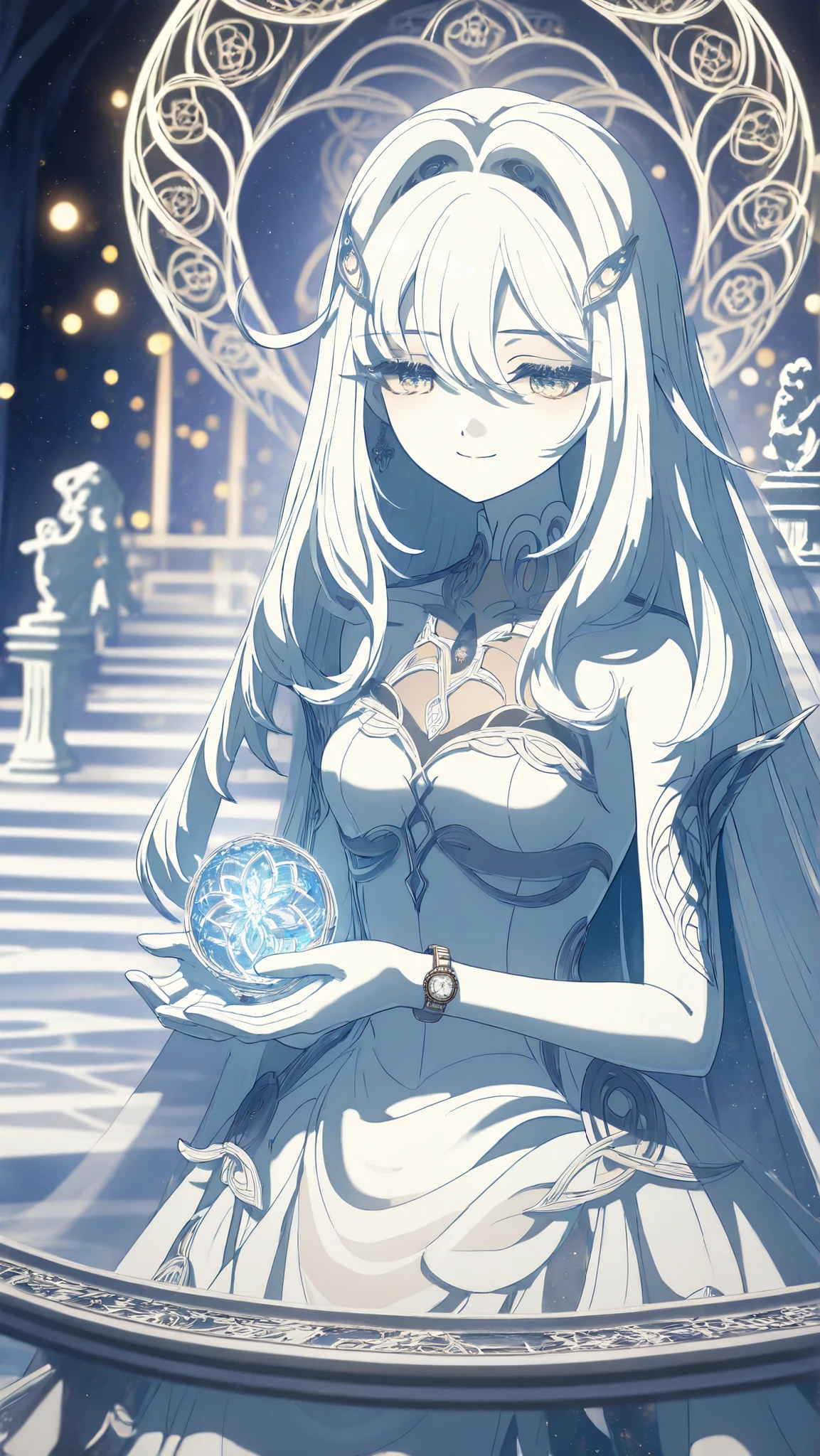 high detail RAW color art, animation, Marble Hall, Marble statue , ((( Extremely Detailed Elegant))), white skin, Magical Atmosphere, (focus on your face), (DETAILED SKIN, Textures (Intricately detailed, Fine Details, very detailed), Raytracing, subsurface scattering, Soft diffuse lighting, Shallow depth of field、Sharp Focus、Bokeh,watch viewers,kind smile