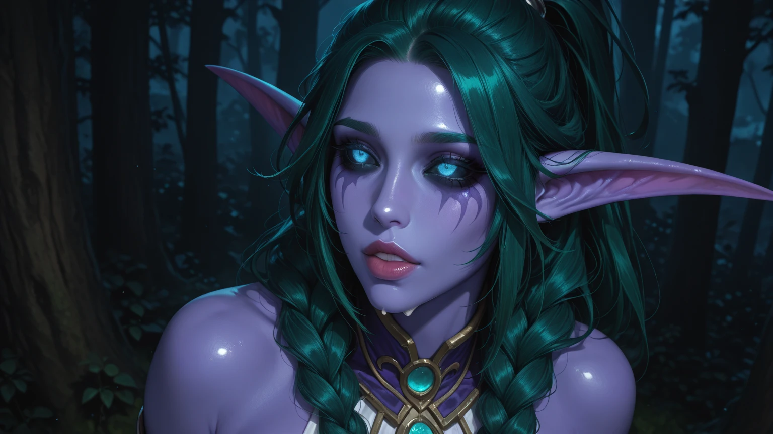 shenelf, woman, detailed, athletic, beautiful, purple skin, long hair, glowing eyes, face paint, light armor, forest, realistic <lora:sxzNightElvesWarcraft_sxzNightElves:0.65>