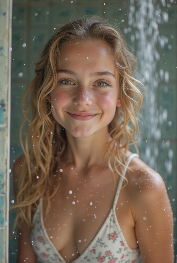 A highly detailed and realistic image with natural lighting, featuring an amateur portrait with a focus on face and a tight composition of a 19-year-old girl,pale skin, beautiful face with youthful and elegant appearance, long blonde hair, slight smile with playful attitude, medium breast. she wears only a small, fitted and wet t-shirt, she is soak wet while standing at a warmly hallway. raining scene outside the house. harmonious interplay of light and shadow, dark atmospheric room,