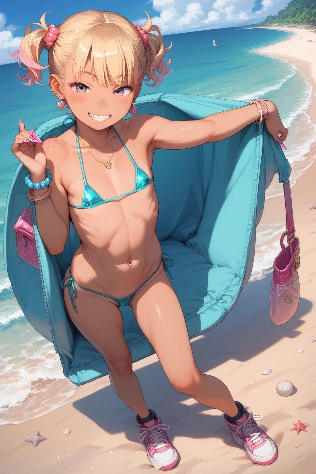 girl, young, blue eyes, looking at you, small breasts, clear pink hair, detailed face, detailed eyes, detailed body, perfect lighting, perfect shadows, perfect eyes, perfect hair, perfect face, gorgeous body, detailed hands, glistering body, shiny body, spectacular effect, ((pink sports bra)), beach, clear sky, sexy pose, cum covered, orgasm face, orgasm, ((pink cotton panties)), all fours, back view