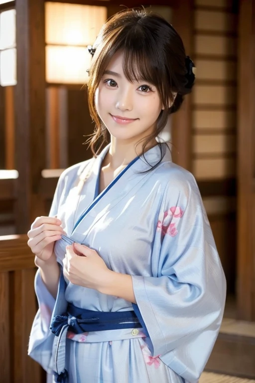 (masterpiece), (Highest quality), (naked:1.5), (Very short light blue yukata with open chest:1.5), (Ultra-thin raw land:1.5), (Blushed:1.3), (上半身naked:1.3), (Spilling:1.4), (Realistic:1.5), 1 , Accurate hands, Embarrassed look, smile, Very cute girl, Baby Face, Clear Eyes, Shining Eyes, Small breasts, I can see her cleavage, I can see your crotch, No pubic hair, Beautiful Skin, Ultra high definition, Highest Resolution, Japanese high school students, Brown Hair, At the night festival