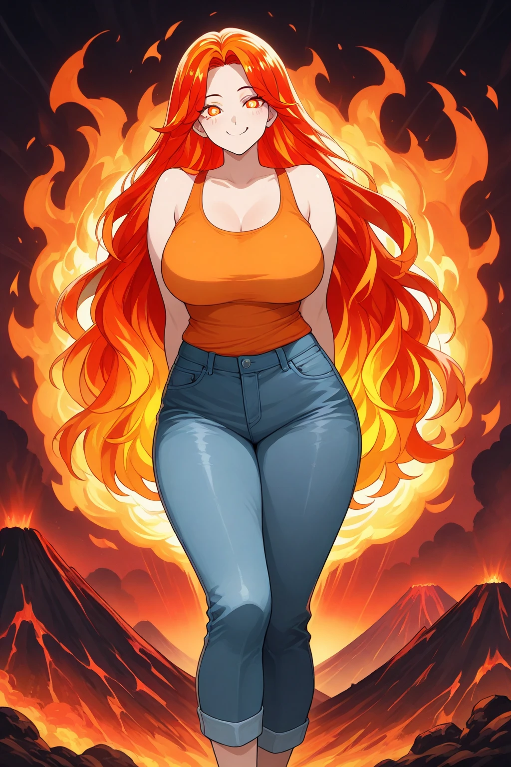 full body shot, woman with long red hair wearing a white top, rusty colored long hair, long glowing ethereal hair, very long wavy fiery red hair, (covered nipples:0.4)