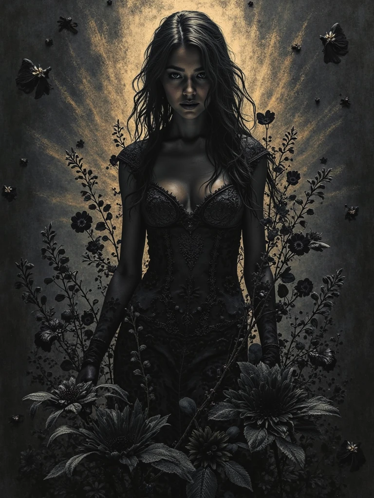 Woman, ebony skinned female with red eyes, silver flowing long hair, a form fitting green dress, wearing thigh high fishnets, wearing thigh high combat boots, thicc, has black demonic wings, has tiefling horns, SOLO, ALONE, (SOLO)(ALONE), ebony skin tone, dark skin tone, beautiful plants and flowers behind her decaying
