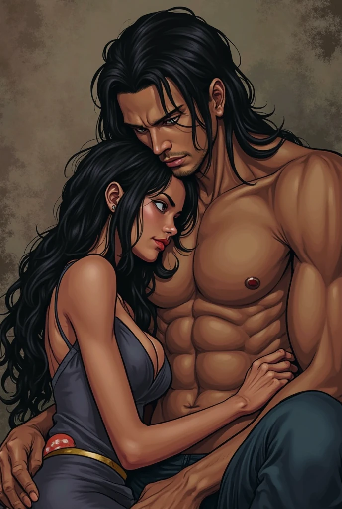 Clear! Here you have a more detailed specification of the prompt:
Description of Gangstar:
- Hombre joven, about 25 years old.
- Cabello en un corte estilo ninja, possibly short on the sides and longer on top.
- Barba bien cuidada.
- Slim and athletic, con una figura que sugiere agilidad y fuerza.
- Tatuajes en el pecho y los brazos, possibly tribal designs or related to his lifestyle as a gangster.
- He is lying between Lila's lap, suggesting a close or trusting relationship with her.
Description of Lilac:
- Mujer joven y hermosa, aparentemente de la misma edad que Gangstar.
- Mitad diosa, lo que sugiere que tiene atributos divinos o sobrenaturales.
- Cabello rosa platinado, probablemente largo y sedoso.
- Delgada y con un cuerpo perfectamente esculpido, que sugiere gracia y belleza.
- Ojos de un color azul deslumbrante, that could reflect his divine nature.
- She is lying down while watching Gangstar tenderly, posiblemente con un beso en los labios, suggesting a romantic or intimate connection between them.
With this specification, you can visualize the scene and the characters involved more clearly.