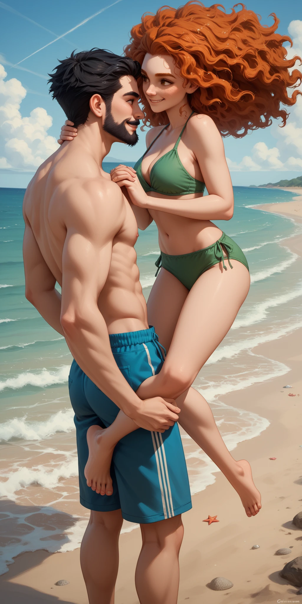 Bikini woman half-crouched in front of man