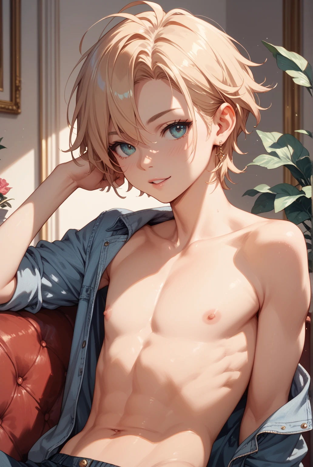 Masterpiece, obra de arte, beautiful boy, young boy, perfect proportions, twink, blue eyes, catboy, cat ears, cat tail, slim, moles, blonde hair, shorts.