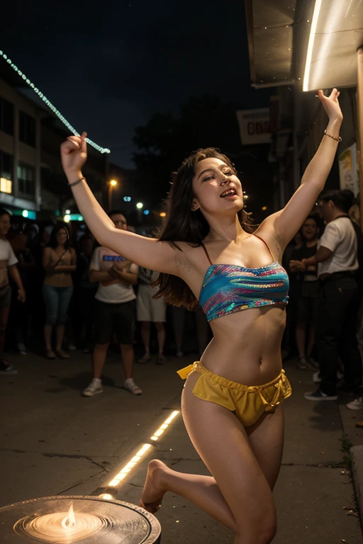 A candid shot of a dark room with blurry bad flash vintage photography, Malay 70s vibes, and a birthday party room full of people girl.The camera focuses on foreground people hogging the camera and showing peace sign. nudist