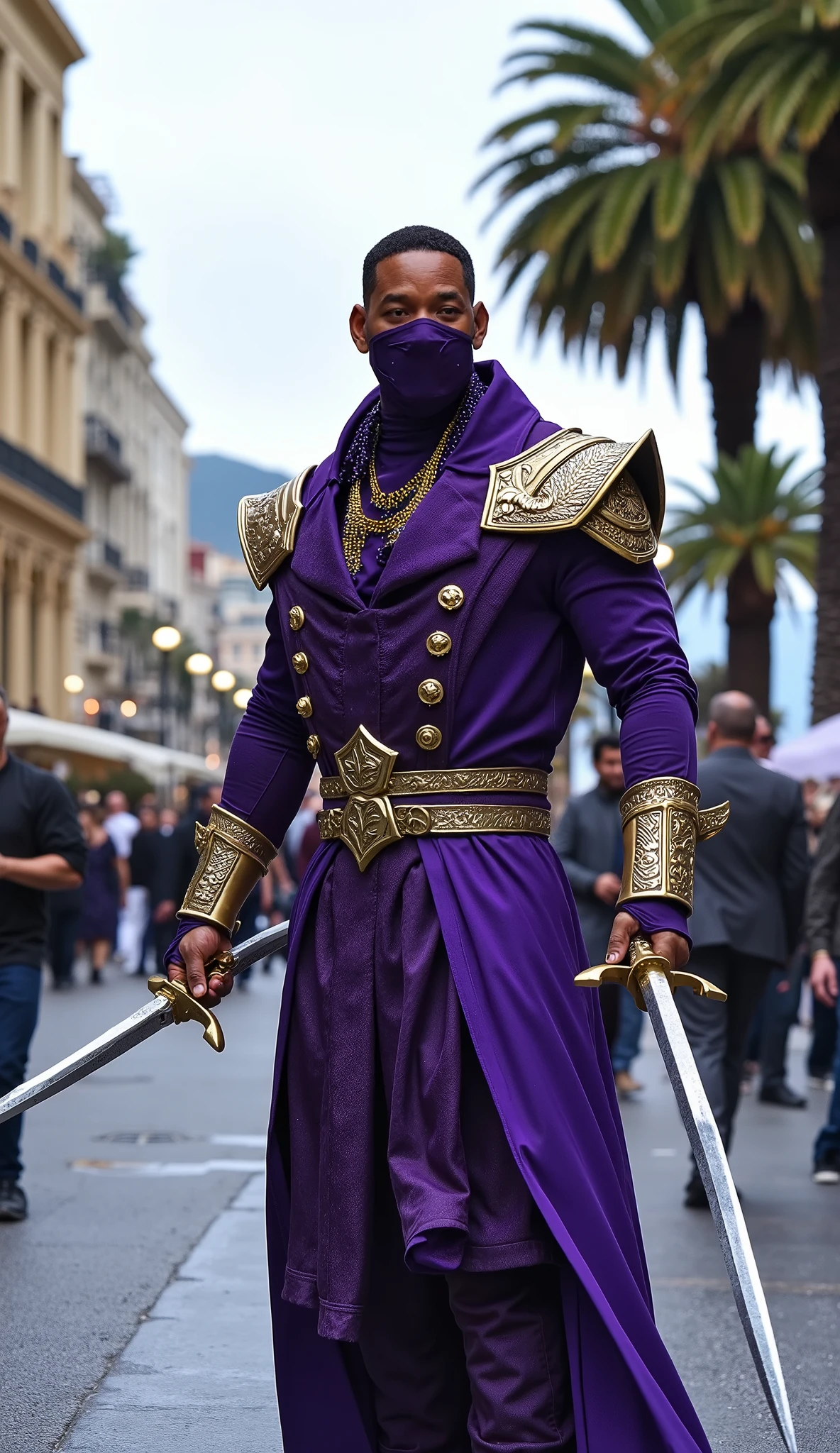 Will Smith com Rain de mk surge com visual elegante e letal, wearing purple costume with gold details and matching mask. Its design refers to a mystical ninja, with refined armor on his shoulders and arms. He holds sharp blades firmly, transmitting power and control over his elemental force of the water. deep city Monaco with people, trees and lamp posts in high quality.