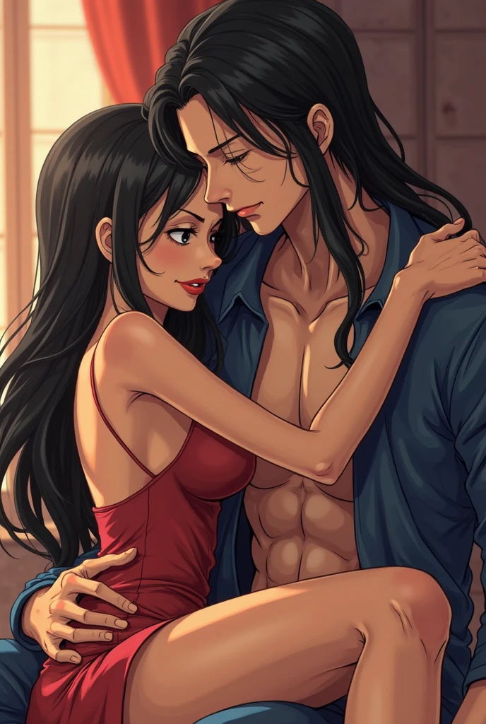 I would like to get an anime-style image of a couple consisting of a man with long brown hair pulled back in a ponytail, hair combed back, and a tattoo, stripped to the waist, kissing a woman with long black hair, a bun on her head and in burgundy lace underwear, she hugs him around the neck and takes off his glasses.