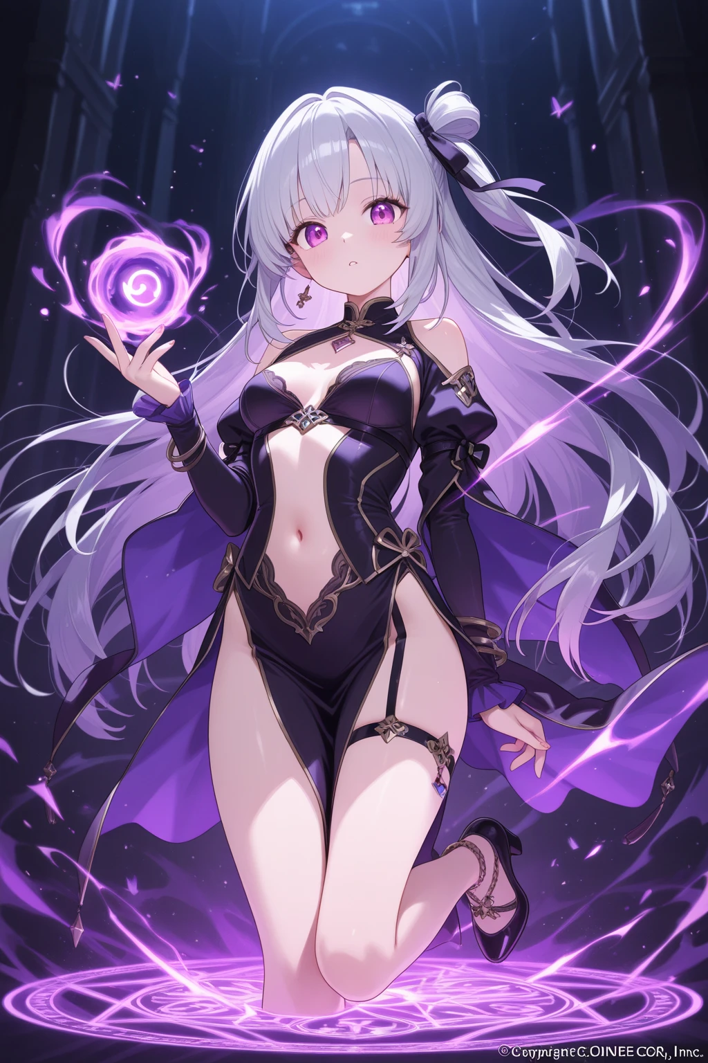 insane witch casting purple skull based glowing spells.the witch is so sexy