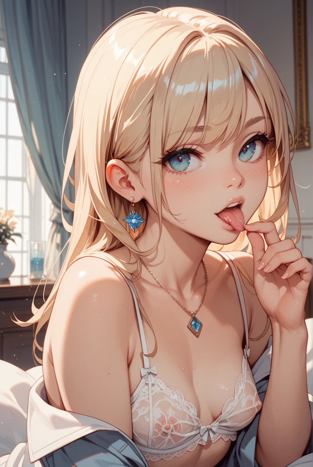 (masterpiece),(top-quality:1.2),1girl in,(masuter piece:1.3),exquisitedetails, Highest quality 8K resolution, Ultra-detailed, Realistic, Vibrant colors, Soft tones, With warm and gentle lighting,Morning bedroom、sexy smile、(put out the tongue:1.5)、pink bra、Fluffy pajamas、on the beds、laying on back、slender white body、Bring your chest together、huge tit、blushing、Small necklace,(short twin-tailed blonde hair:1.3),(Hair parted in the middle:1.3),(Glowing hair),(Dark blue eyes:1.3),White skin, hair clips,Overflowing soft and gentle feelings,The sun's rays illuminate joy and pure love, Warm golden glow,The atmosphere is full of happiness and laughter, As if celebrating love,Sticking to ultra-detailed depictions and vivid colors. In a style that blends romanticism and realism、You can feel the depth of love,color palettes,Create an ethereal atmosphere like a dream,and the lighting is soft and diffused, Shine a gentle light on your face,The artwork is a masterpiece