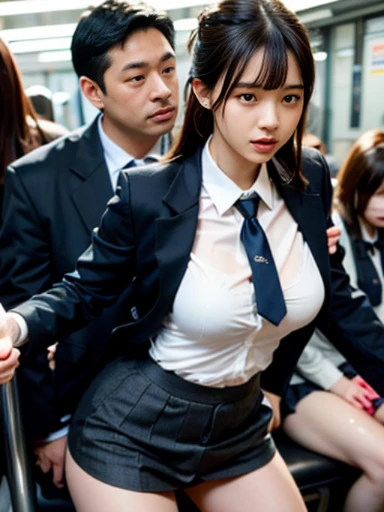 (32K, HDR, High resolution), (nsfw,Full body photo,Raw photo,POV, Hyperrealism, masterpiece, Highest quality, ultra High resolution), (Pin Light, Backlight,Cinematic Light),Close-up of a sexy woman(Japanese school girl uniform outfit,Japanese Sailor Suit,mini skirt,See-through,Wet and see-through jacket,Beautiful Japanese prostitute,((Woman being molested on train,A woman has her pussy touched by a man from behind,A woman has her pussy fingered by a man,sex,A high school girl has her big breasts squeezed from behind,Her large breasts are being fondled by multiple men with multiple hands,A high school girl is gang-raped by many men,Woman being penetrated on train,Woman being molested while standing on a train,Schoolgirl being penetrated in various positions,vaginale,sex))), (Huge breasts,Very heavy,Very large, round breasts,Incredibly big boobs,Her costume shifts to reveal her large breasts,Deep cleavage,A glimpse,Nipples),(Hyper Detail, finely,(Shot from the surroundings,Shooting from an upper angle)),Slender Style,(Korean Idol:1.3,A detailed face:1.3),Beautiful Goddess,Disliked expression,Ahegao,ecstasy,Troubled face,Woman crying after being inserted,Crying face,Sexy look,Small, plump lips, Straight and cute nose, A little redness on the cheekbones,Long and beautiful eyelashes,Beautiful Face,Narrow waist,Perfect Style