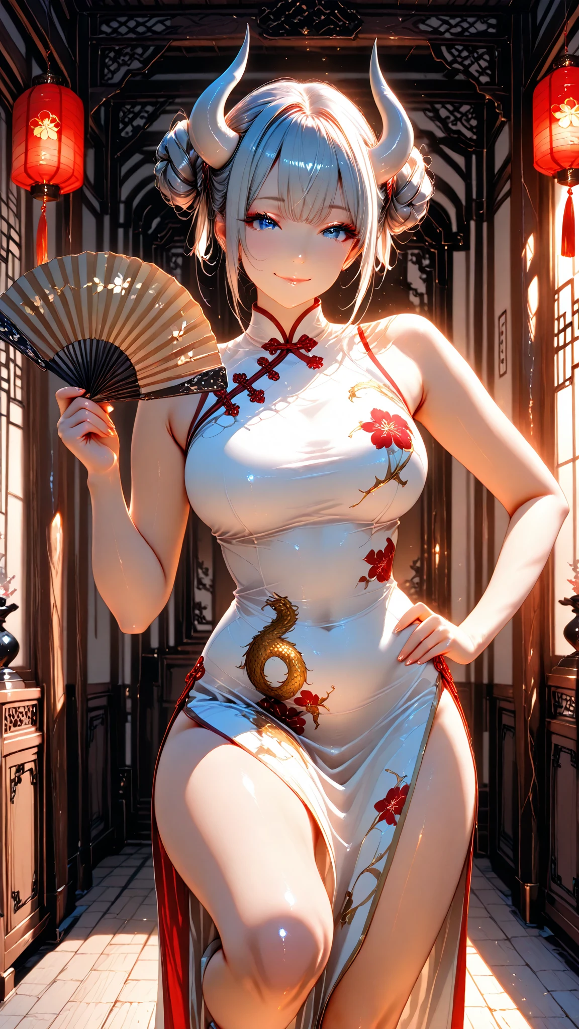 [detailed illustrations, Art based on extremely ideal ???????, very detailed and detailed drawings, delicate lines with slowness and urgency, realistic texture expression],((Colored leading lines)),(Works of art with excellent craftsmanship), (ancient chinese hotel room background, moon with stars in the window in the background: 1))),?????? ANIME [Perfect white skin DemonGirl 19 years old, muscled body, slim but well proportioned] White hair,(Chinese traditional imperial clothing black with golden stripes,)(red skirt with gold stripes,)(red hanafuda earrings,)( Crack in the abdomen) (RAND),((ダークファンタジー)),((Fine and beautiful skin expression (transparency))),((yellow  eyes)),((Perfect eye details (Beautifully drawn eyes)))),(Beautiful perfect face (details realistas do rosto)),((details bonitos do cabelo)),(Perfectly proportioned proportions)),(((kneeling on the bed, looking at the camera.))) ( Design built at a high level,) ((Advanced structural understanding of materials)),Optimal color coordination),((Artistic decoration)) ((Dense detail)),((detail,High definition)),[(Ultra-precision details),((multi-layered texture)),high qualiy,high resolution],((accurate simulation of light-material interactions, Understanding Airflow, mechanically correct expression))), ((Visual art that conveys a sense of narrative)).