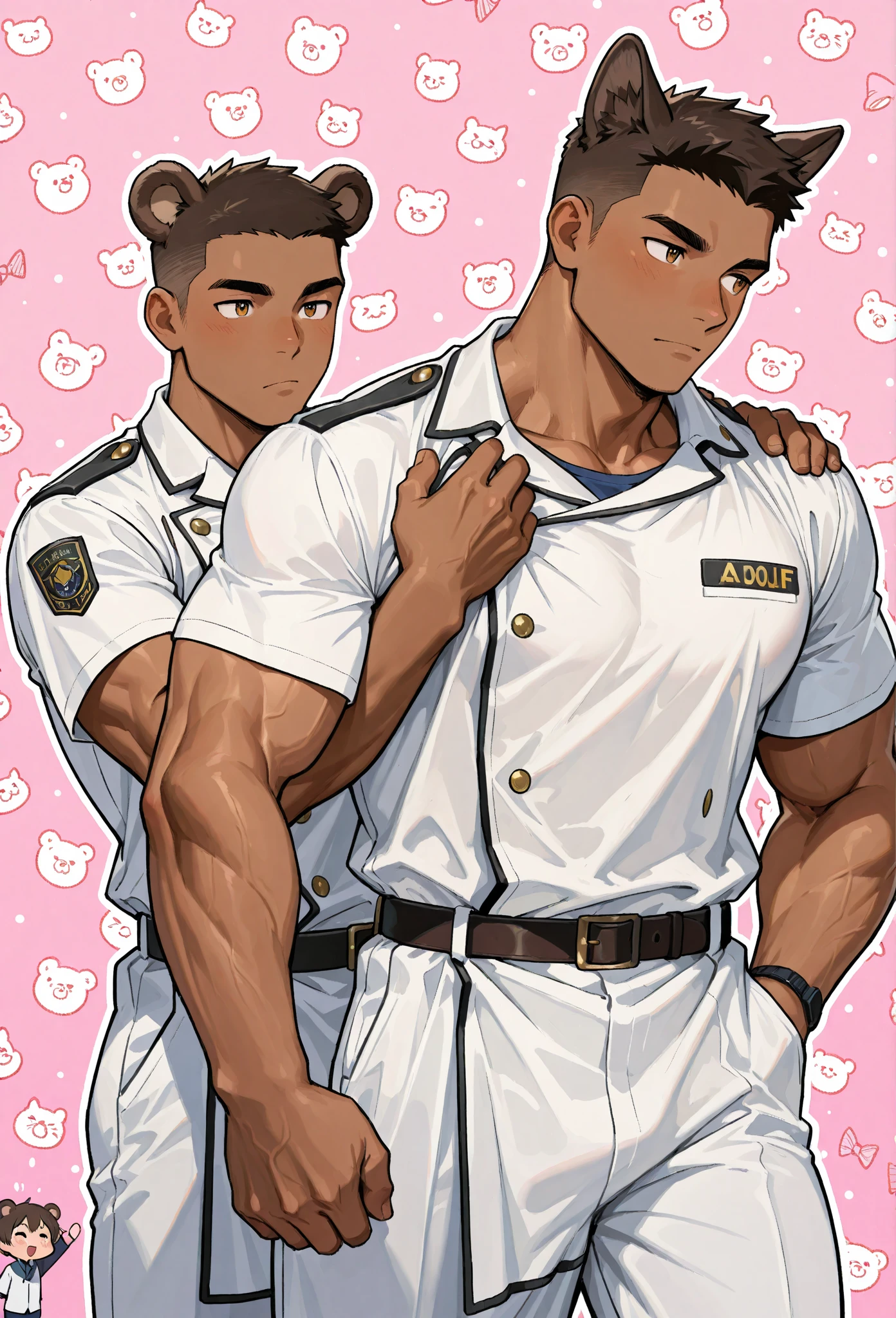 (handsome Man),(crew cut short hair:1.8),black eye,(Wear a fitted round neck t-shirt in navy with a police badge.:1.5),(fit neck),Navy blue jeans,(black_gloves:1.2), Korean guy,chest muscles,large arm muscles,blood vessel,Big muscles,Broad shoulders, (open mouth:1.2),(face up:1.2),(open eyes:1.5), middle of the road,smile, In the bread shop, (bread in hand)