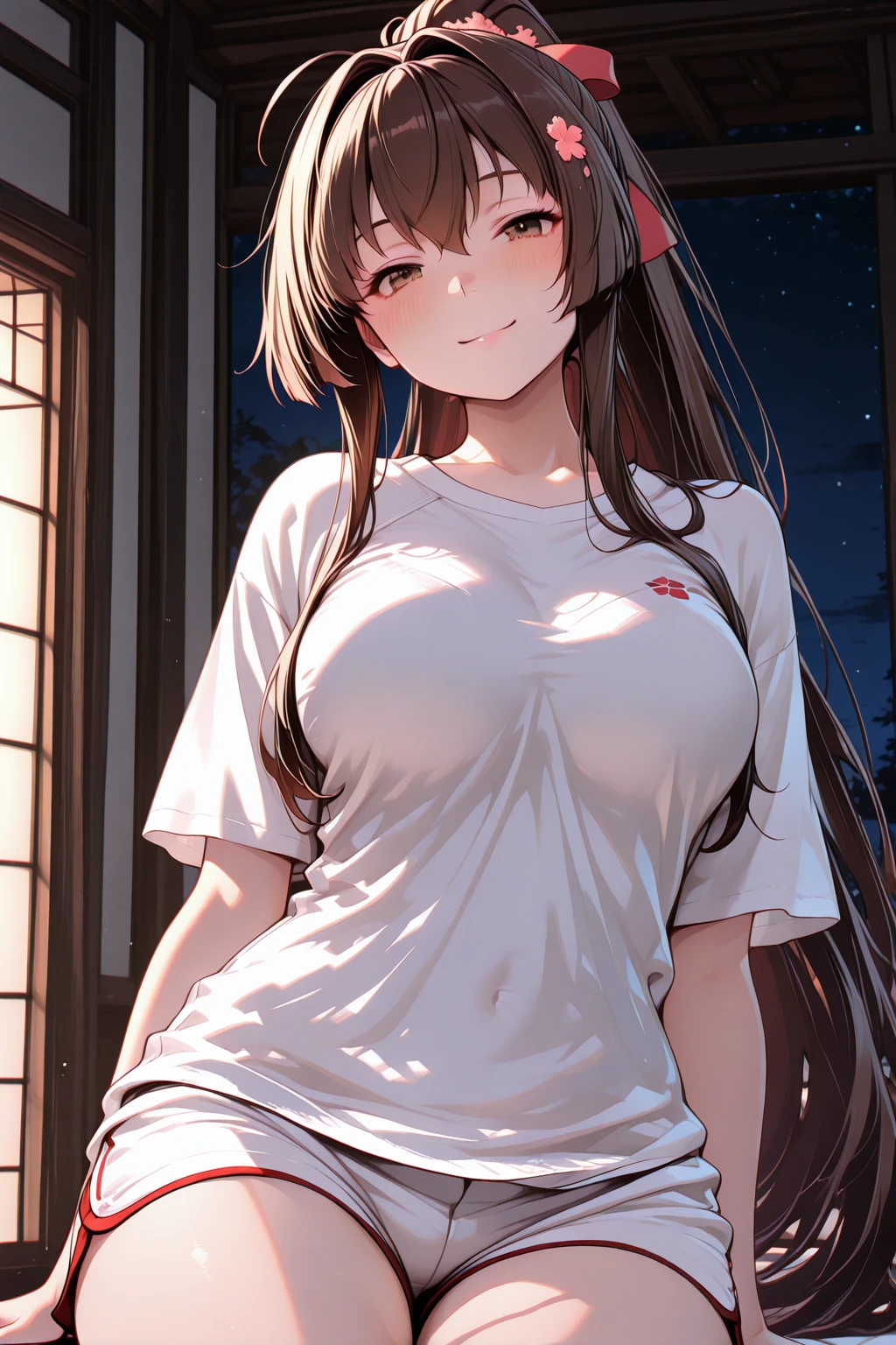 masterpiece, Highest quality, night, outside, One Girl, White shirt, Big , Transparent nipples, Shorts, Put your hand in and grope your crotch, Super detailed
