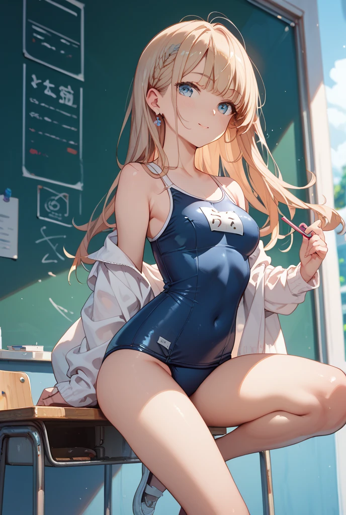 (masterpiece:1.2, Highest quality), 1 Female, alone, School Swimsuit, classroom, Day, sit, blonde, Twin tails, Red eyes, Open Collaboration, Dark Skin, (Open chest:1.1),