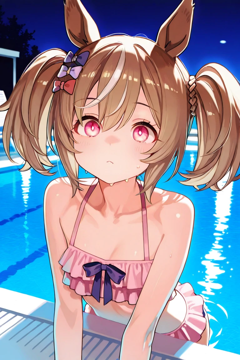 (dynamic angle),in the poolside, pale Light orange Hair, long hair, twintails, hair black ribbon, girl１, upper body, completely nude, (small nipples:1.2), (small areolas:1.2), kawaii, cute, pale purple eyes, (shy), (blush),flabbergasted,