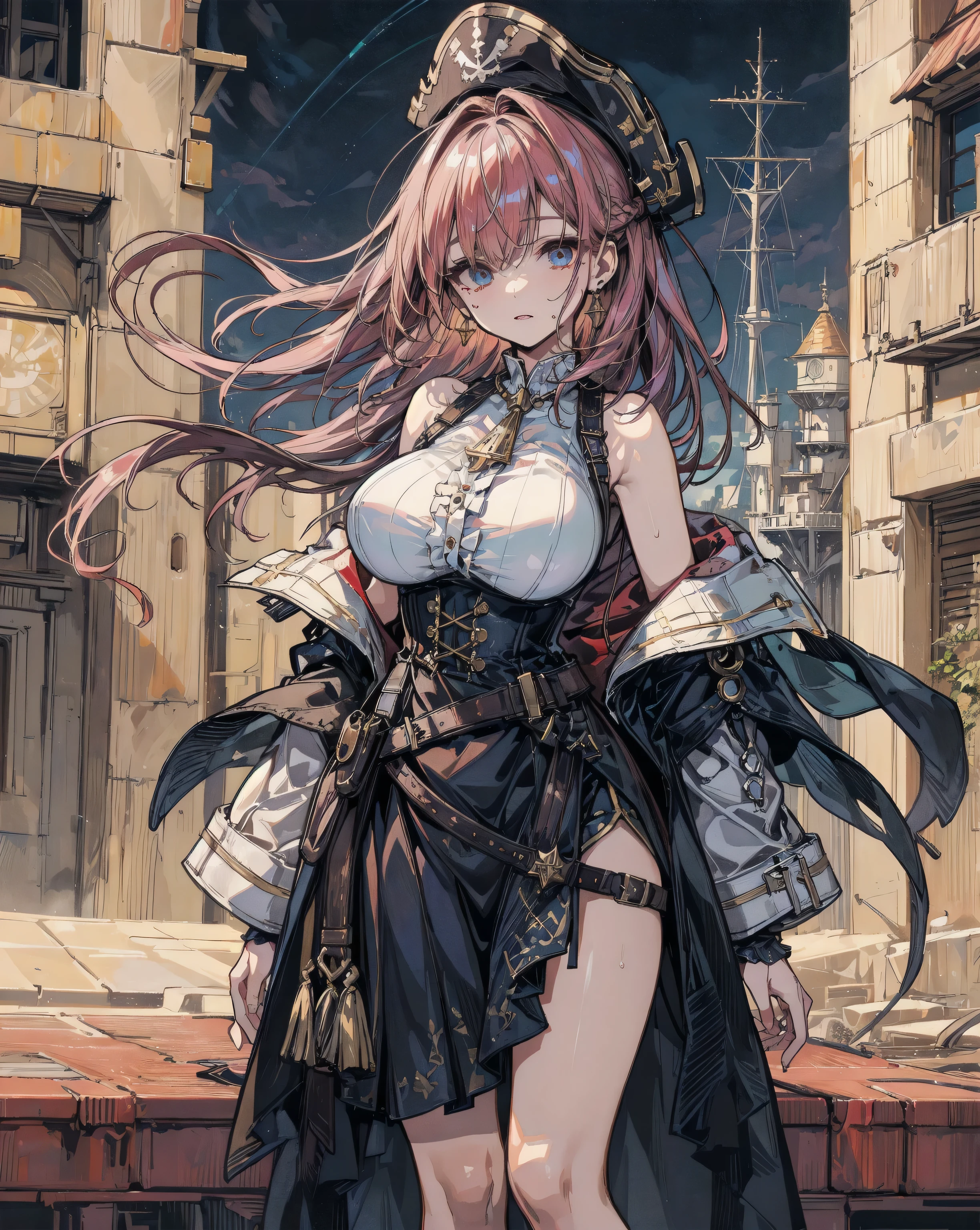Arthur Rackham, James Jean, Surreal, mysterious, strange, fantastical, fantasy, sci-fi, Japanese anime, punk rock miniskirt vocalist beautiful girl, silver pink hair, perfect voluminous body, shouting into the night universe, bird's eye view, detailed masterpiece Hyper realistic sharp focus 