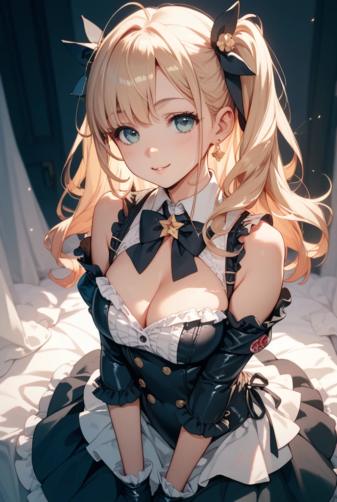 ((highest quality、High resolution、8K、masterpiece:1.3))、dynamic angle、I can see the whole body、wallpaper、1 girl、unparalleled beauty、ultimate beauty、super detailed face、delicate eyes、smile shyly、sexy look、(seducing me sexually)、(Giving sex, handjobs, and blowjobs to the men around me)、looking at the camera、Depth of bounds written、light particles、side light、long hair、blonde、maid、宝石で装飾されたmaid服、(Holding down the skirt with both hands)、(The wind flipped my skirt and exposed my white panties.)、Open chest、big breasts、cleavage、Thighhighs、thighs、slim、slender、Old castle at night