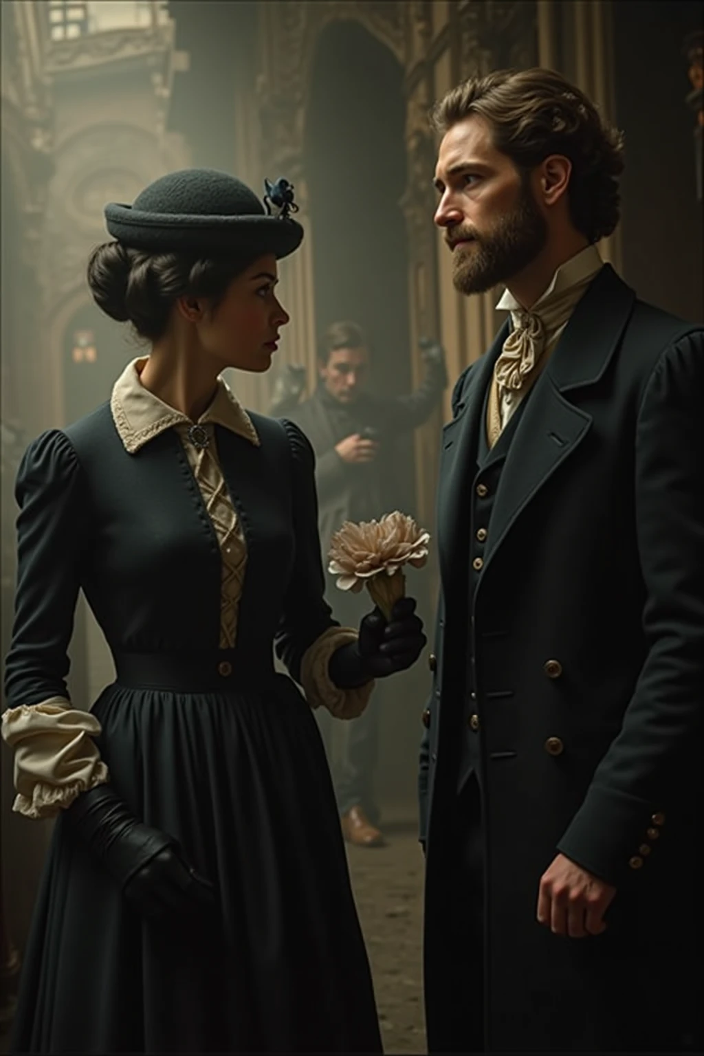the famous detectives Sherlock Holmes and Doctor Watson examine Mata Hari's box, mystery film scene, mystery, room with simple furniture from the Victorian era, from a window you can see London at night in the Victorian era.