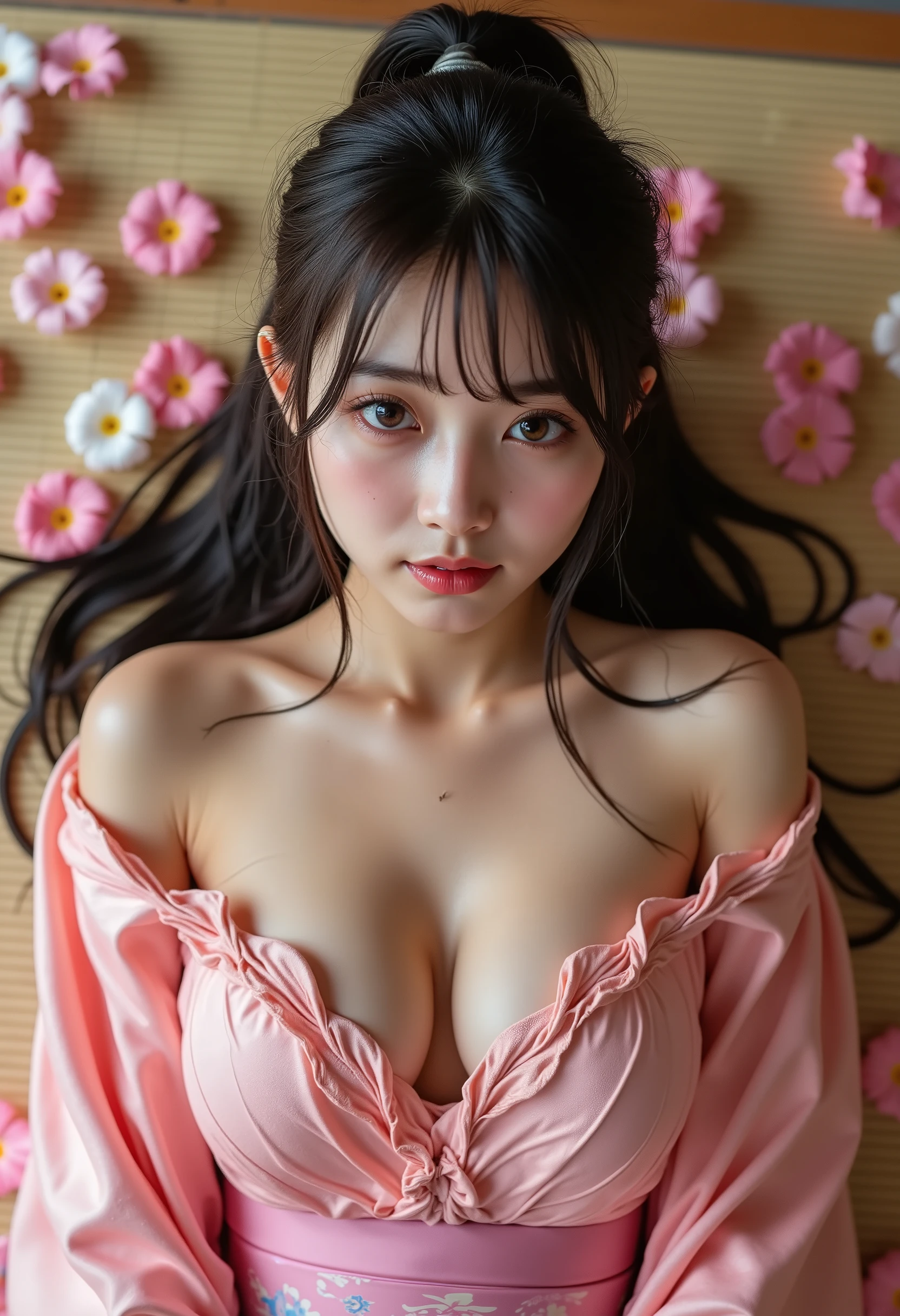 (Best quality at best, 4K, tmasterpiece: 1.3), Beutiful women, hyper realisitc, 1个Giant Breast Girl, (humongous large breast, attractive body: 1.2), sit-ups: 1.1, dark brown hair: 1.1, (wet rain, wet from rain, Get wet:1.2), Super detailed face, 詳細な唇, 詳細な目, 二重まぶた, Low neck dress, Open neckline, hanging, side pose, visible curves, poolparty, lying at the pooledge, lying with friends, golden transparent dress, Blue and pink hair, the sunset