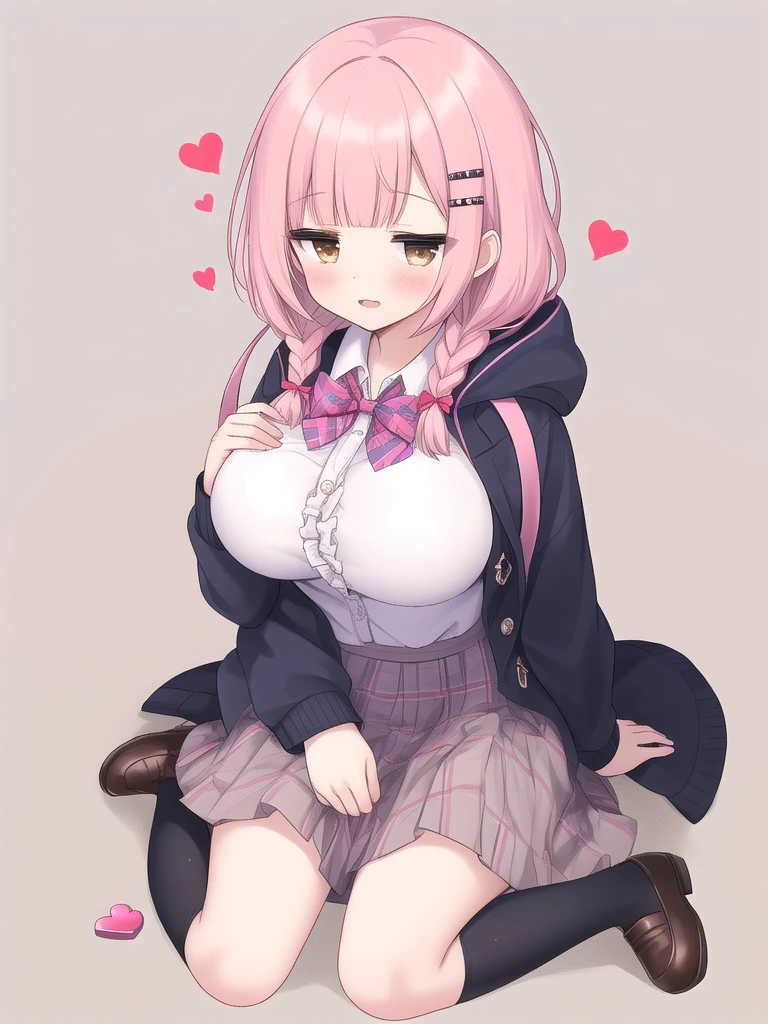 tits,Nipples,garter belt,Pink Panties,Big breasts with legs spread,High Resolution 1girl Ahoge Bobby_pin bow bowtie braid brOwn_目s collared_shirt dojikko_Temporarily stop_shirt frilled_shirt_Color Free Joint_skirt frills hair_bow hair_ornament hairpin hand_in addition_Own_head, heart, heart_hair_Decorative hood_jacket jacket lin additiong_Pentagon Pink_hair plaid plaid_Ribbon Check_Pleated skirt_skirt shirt shoelaces shoes simple_background sitting skirt solo star_(symbol) twin_Braided Warisa White_Background bus stop_Knee socks, whole body