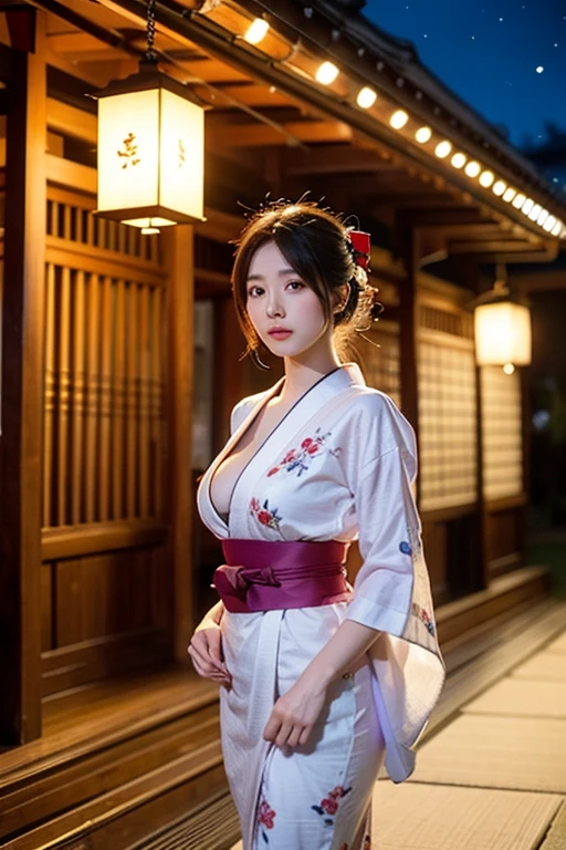 ((top-quality、masutepiece、8K、Top image quality、Very complex and detailed details))、1 prostitute、Oiran costume、花魁&#39;s kimono、accurate courtesan kimono、Gorgeous courtesan kimono、The background is the entertainment district、You Guo、Custom Street、Smile at the camera、Photo from the waist up、Recreating the perfect red light district details、1 photo、Night Sex District、night excursion、Midnight、murky、Lantern light、red lipsticks、long eyelashes、Perfect makeup、a dark night、naked and wearing only a kimono、A detailed face