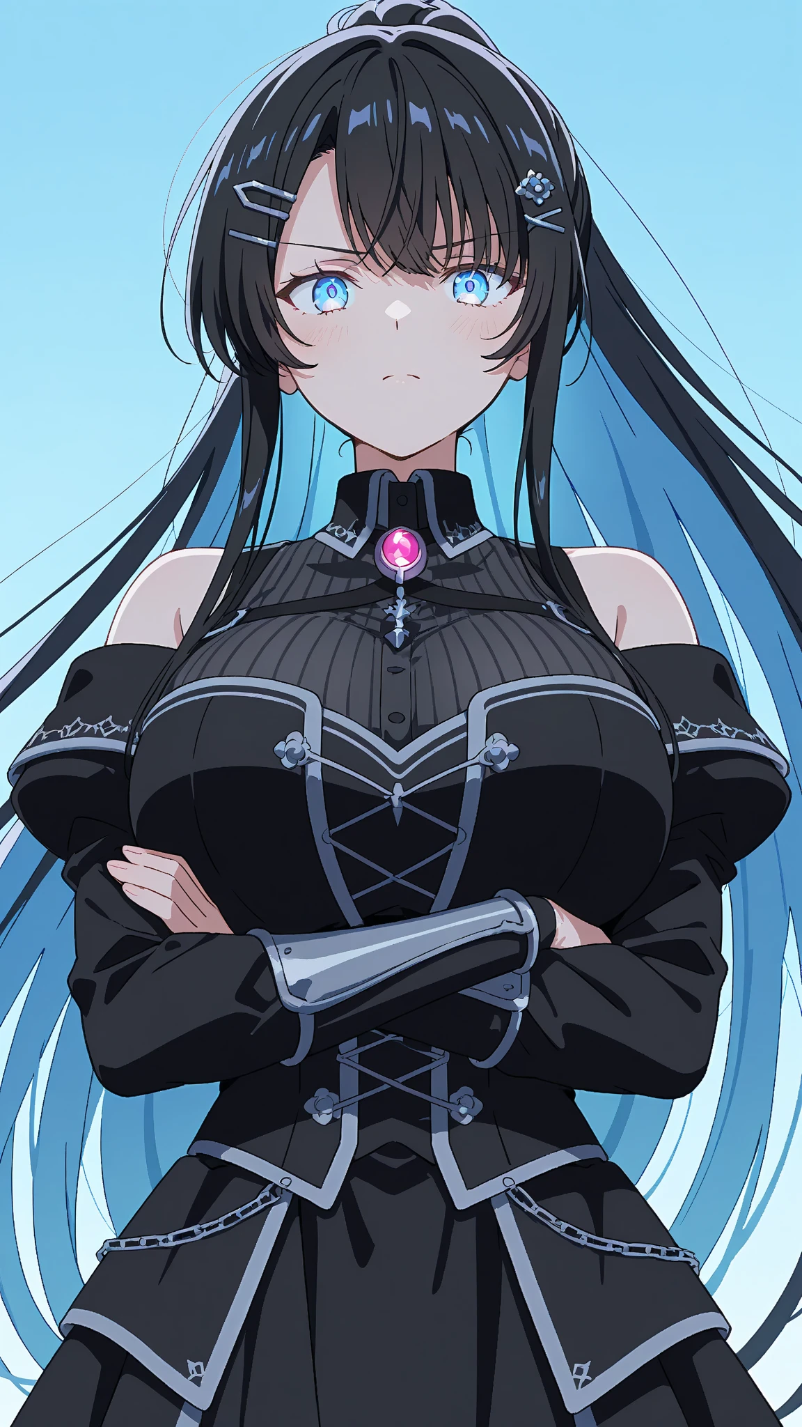 A 20-year-old cat girl with long black hair, gray eyes, bust, wears glasses, and a thigh-length black evening dress.
