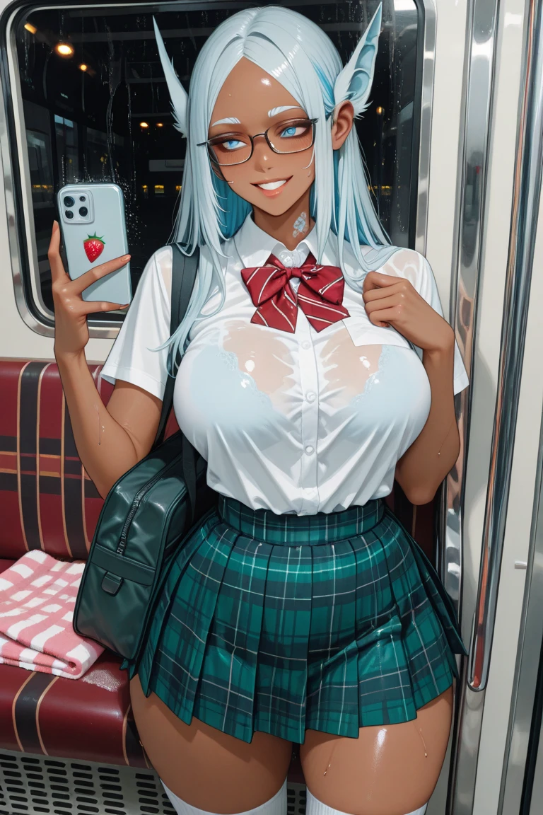 One Woman、Braided twin tails、Huge breasts、(Huge breasts:1.8)、Glasses、blue eyes、Green Hair、 My hair is messy, Black gloves, White socks, Police uniform, Black Skirt, Short sleeve, Cowboy Shot, salute, Put your hands on your hips,The lower half of the body is completely naked、(Not wearing underwear),(Not wearing pants)、Pubic hair sticking out,Pubic hair sticking out,The nipples are erect,Nipples are erect, close your eyes, Tears in the eyes、Open your mouth, What saliva leaves behind, Wet skirt hem, Sticky panties, Bulging of the vibrator cord, Vibrator with Garters, Subway car interior background, In a crowded crowd,(I can see her pussy),(The vaginal opening is visible),The vagina is visible,The female shadow is visible)