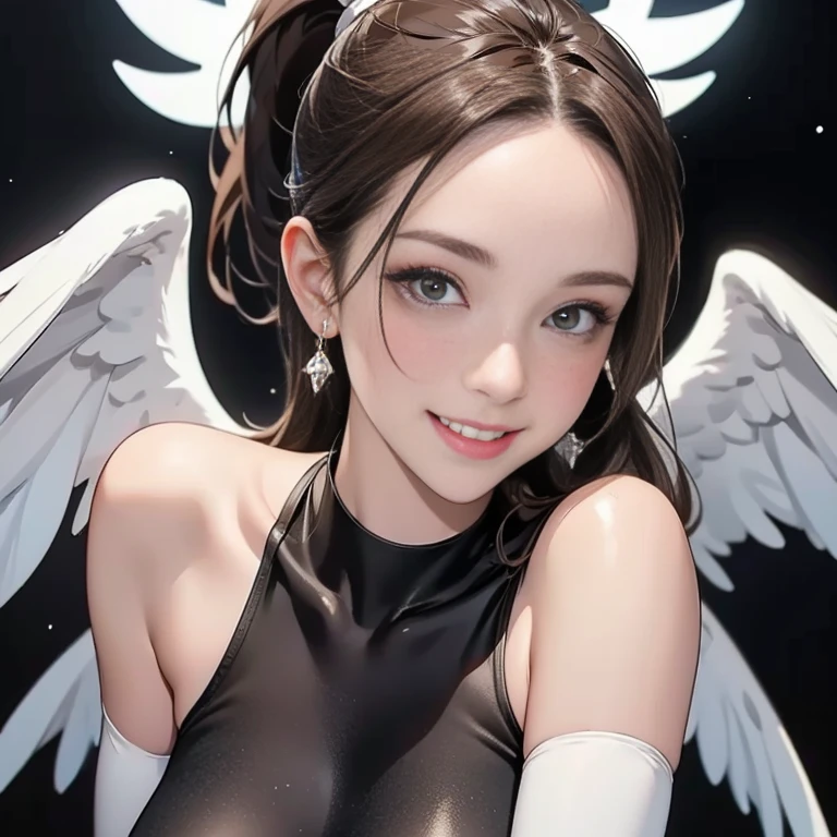 Angel Sajida，Student of Archangel Sutton，Chinese Face，Black short curly hair tied into a high ponytail，Green eyes，A pair of light blue and white wings，Strong girl appearance，White bandage wrapped around the body，Have strong deltoids and biceps，Enthusiastic and lively personality，Skilled in using fire to fight