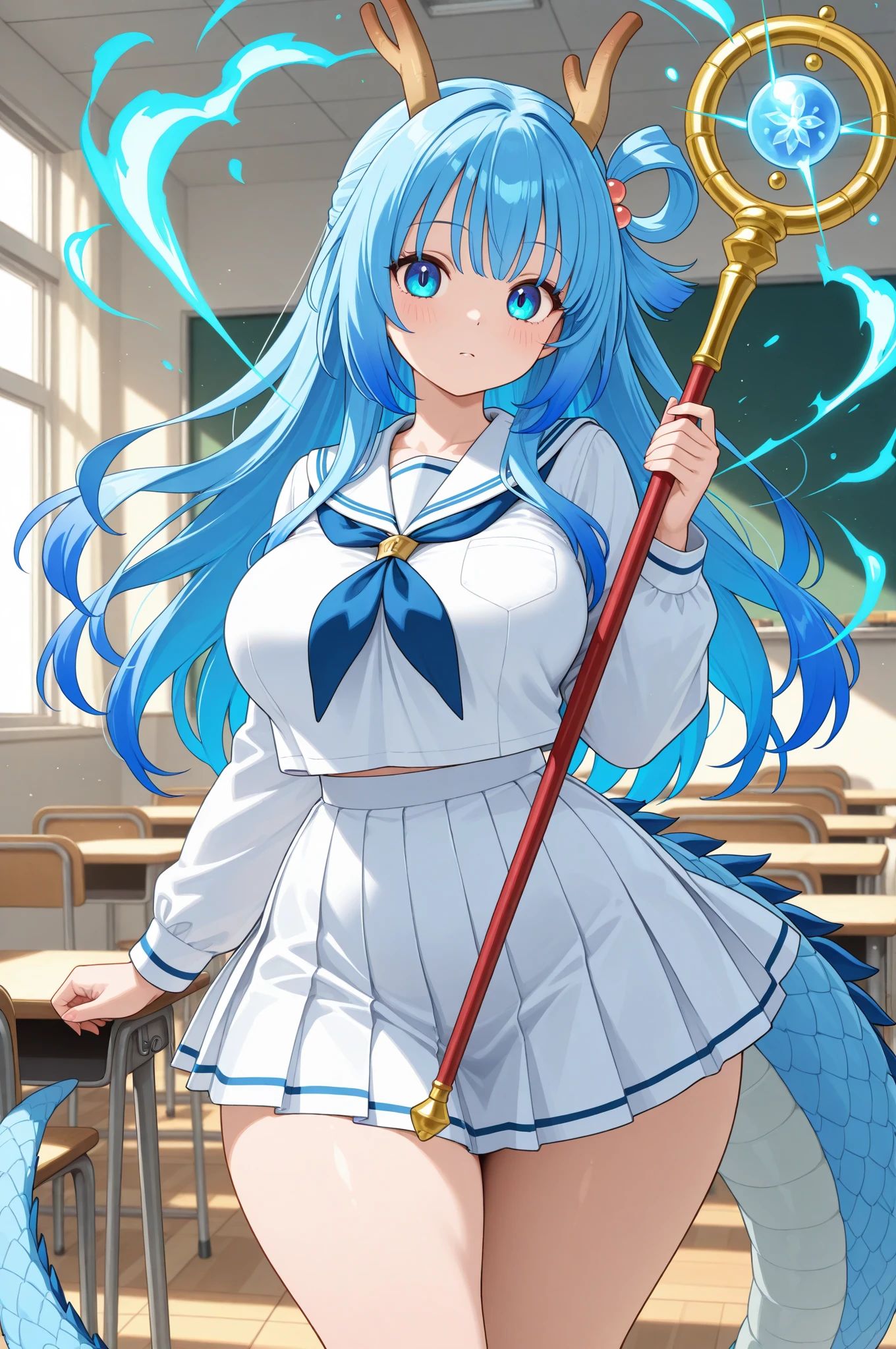 ((Highest quality)), ((masterpiece)), (detailed), One girl,long hair,bluehair,navy eyes,beauty,ponytail,Slanted Eyes、Bad look in the eyes,アニメ,game cg,shiny skin,huge breasts,large breasts,loli,child, very long hair、Tank top,blouse,,evil smile,Have staff