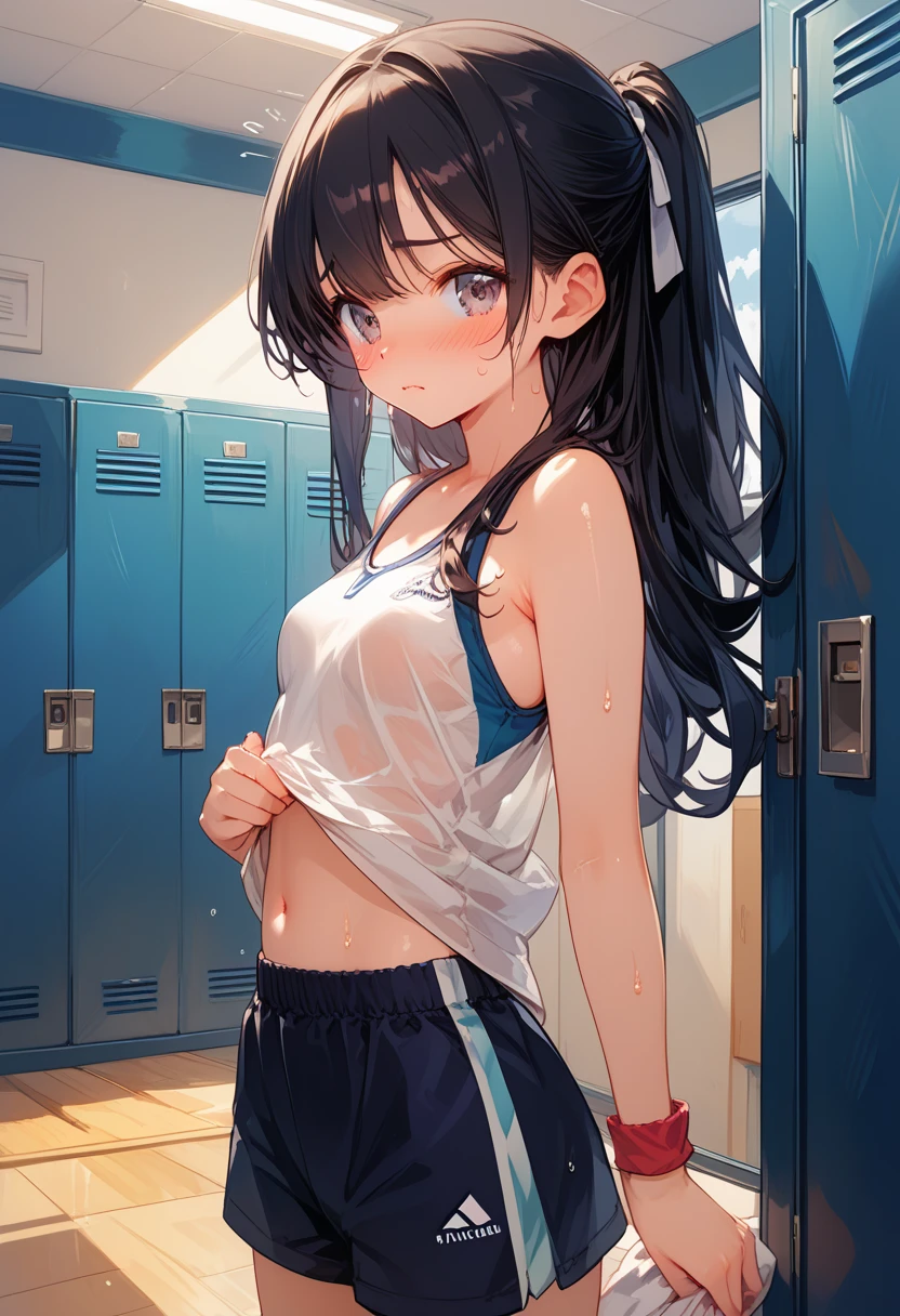 ((1girl)), locker room, There is no one around, evening, Sunset is shining through the window, , masterpiece, 8k, Girl, Small , 12yo, Light, god々Shii, まぶShii, Black Hair ,Very troubled face, blush, Changing clothes, In the middle of taking off your pants, Leaning forward, Cleavage, front,  visible from chest,Get closer